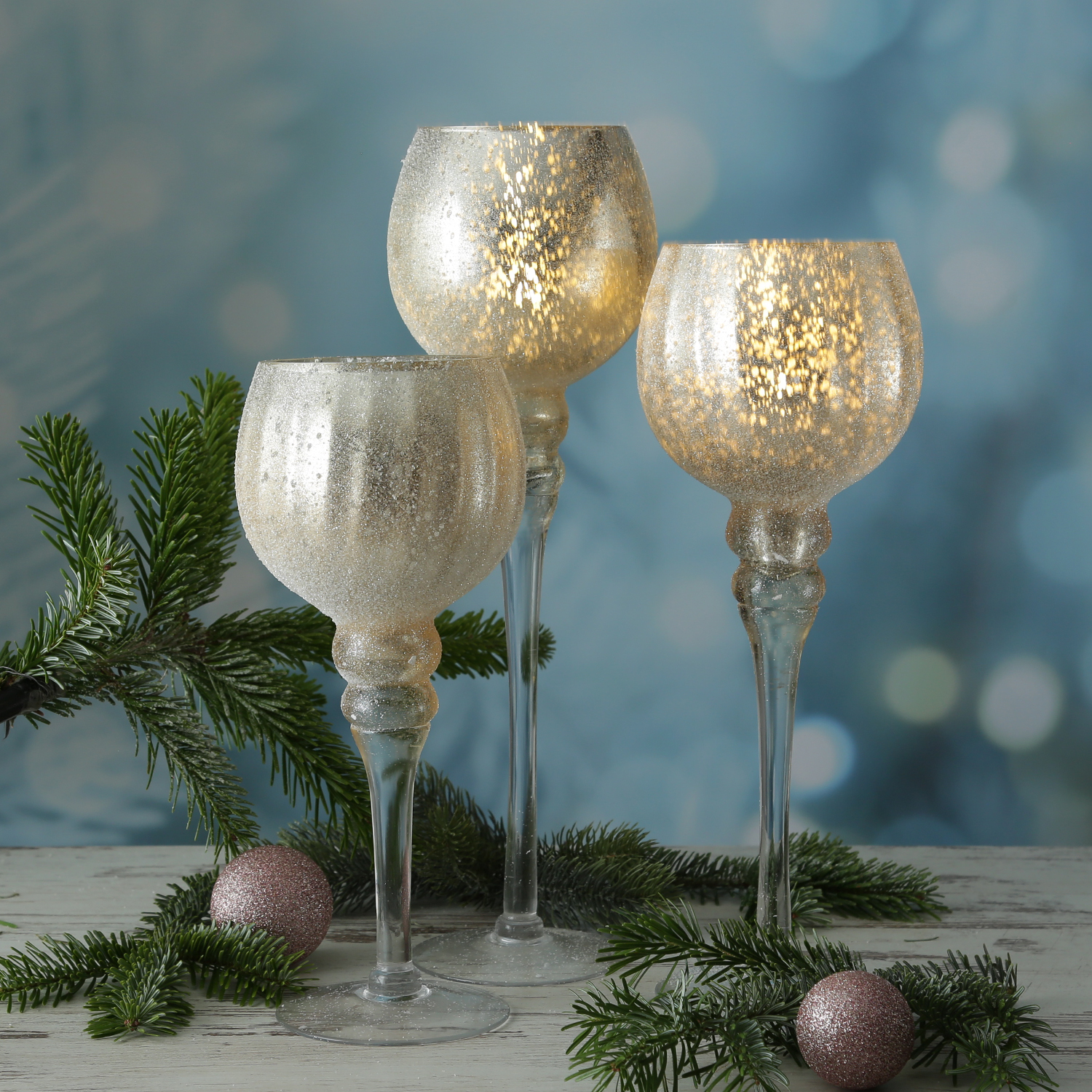 Kerzenhalter Kelch - Windlicht - Glas - H: 30cm/35cm/40cm - glitzernd - gold - 3er Set