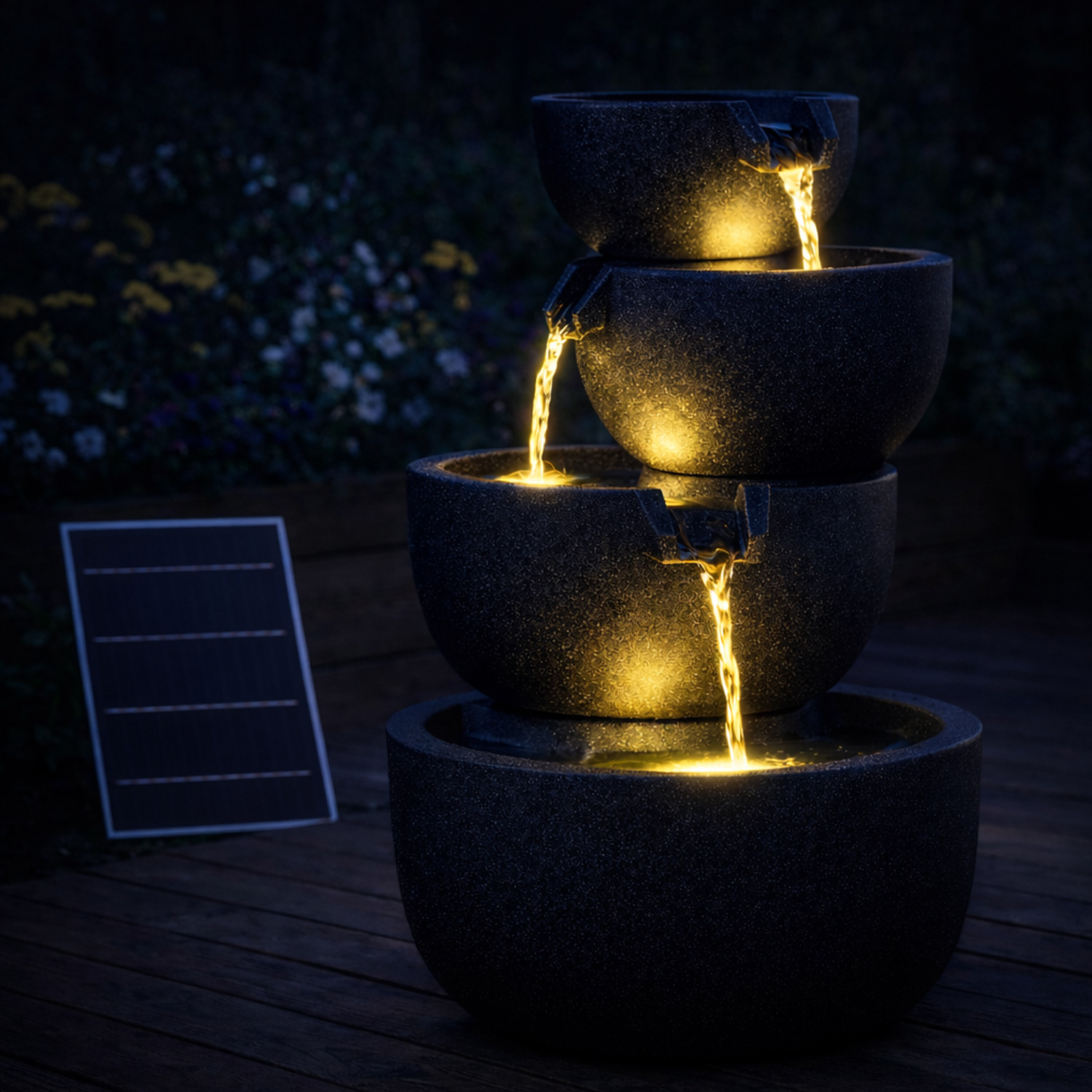 Outdoor Schalenbrunnen - 3 Kaskaden Solar LED Beleuchtung