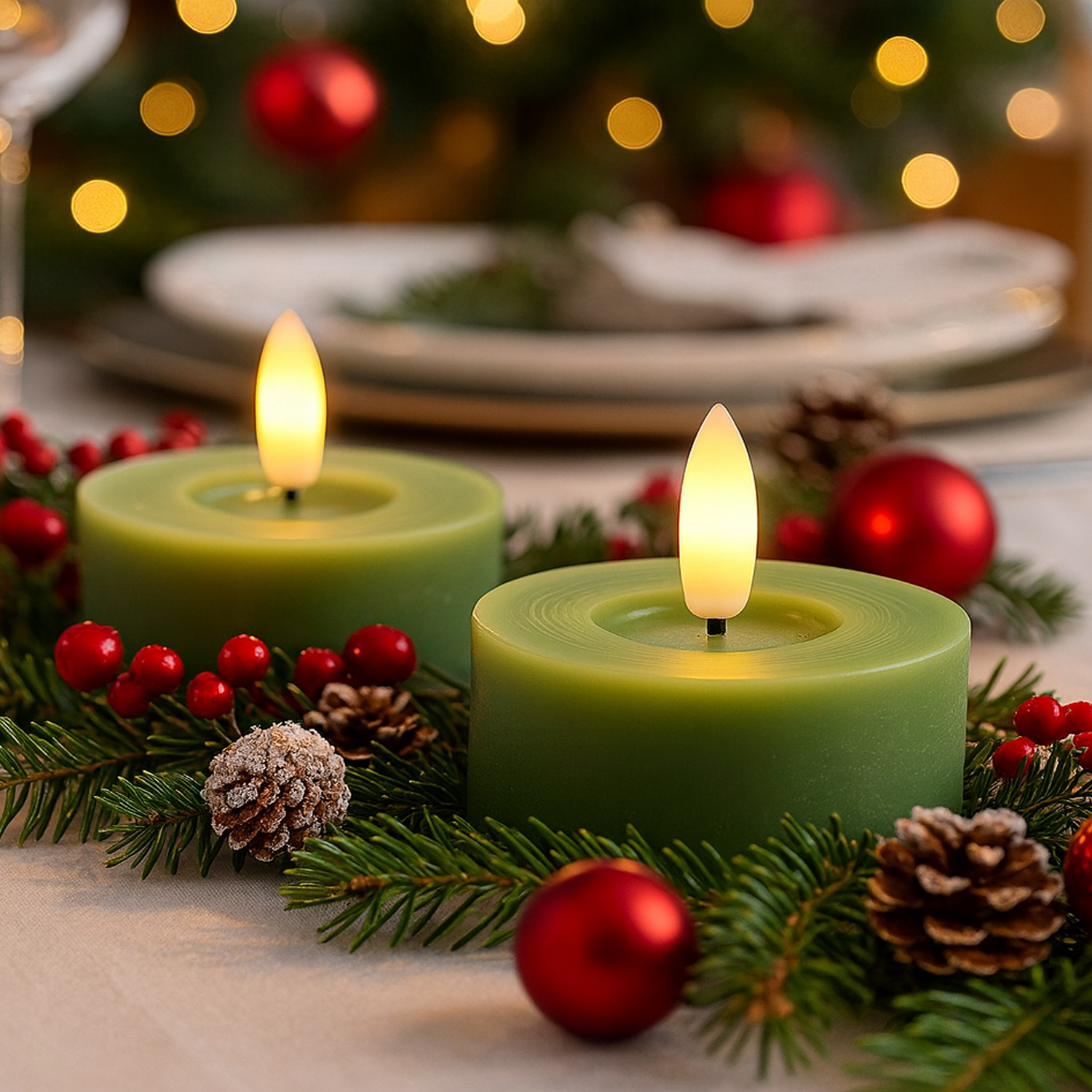 LED Maxi Teelichter LINA - Rustik-Optik - Echtwachs - Timer - D: 7cm - H: 6cm - grün - 2 Stück