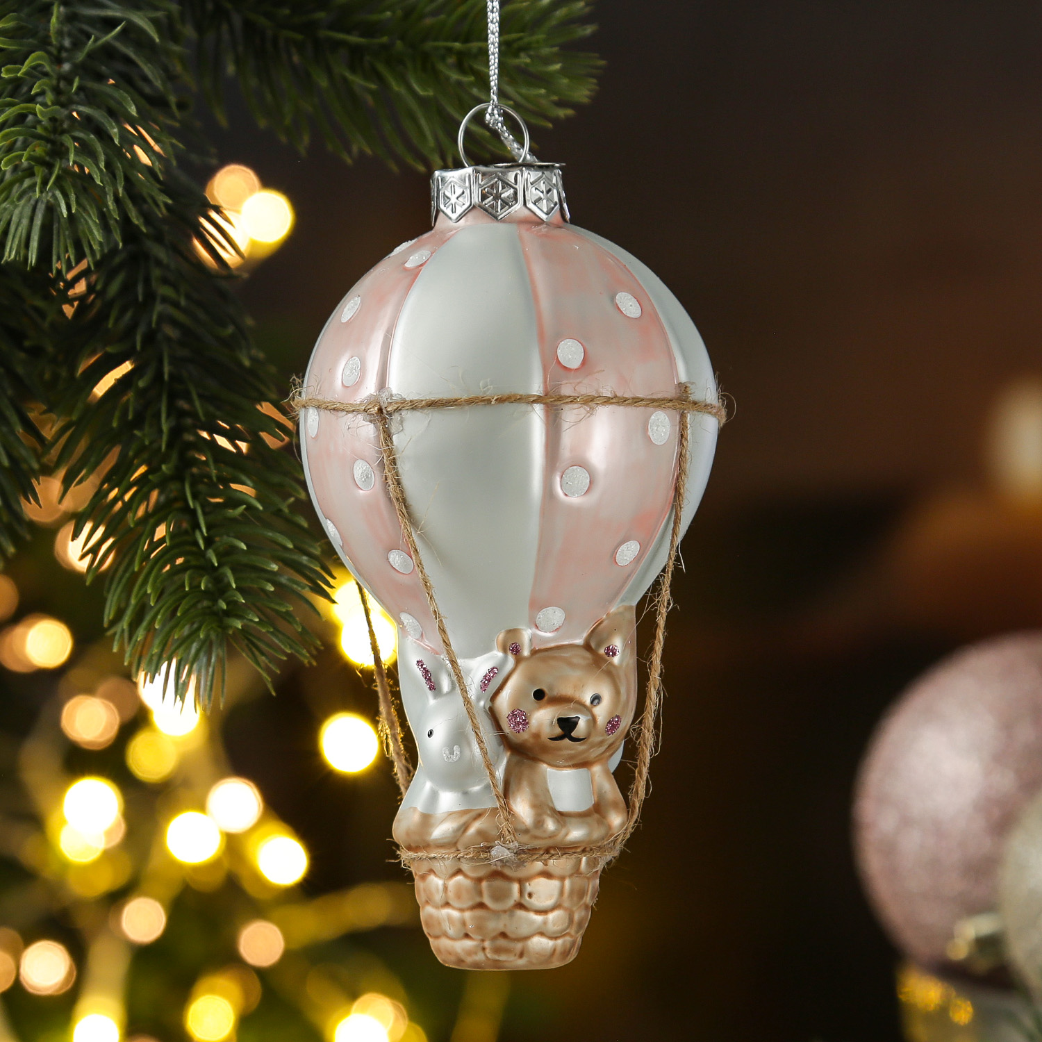 Weihnachtsbaumschmuck BALLON mit Bärchen und Hase - Glas - H: 13cm - rosa Weihnachtsbaumschmuck BALLON mit Bärchen und Hase - Glas - H: 13cm - rosa