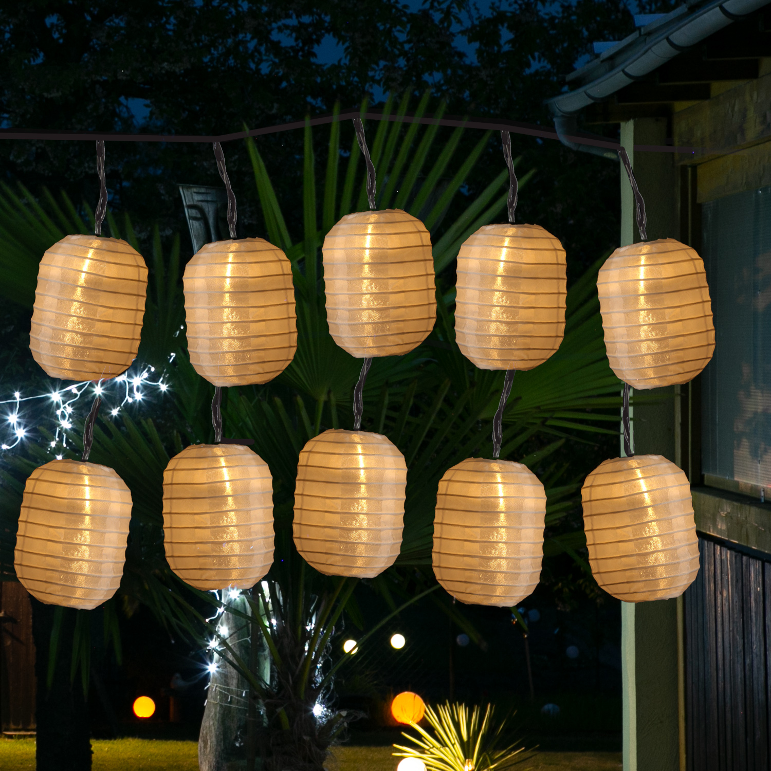 LED Solar Lichterkette LAMPION  - 10 warmweiße LED - L: 4,5m - D: 7,5cm - Lichtsensor - weiß LED Solar Lichterkette LAMPION  - 10 warmweiße LED - L: 4,5m - D: 7,5cm - Lichtsensor - weiß