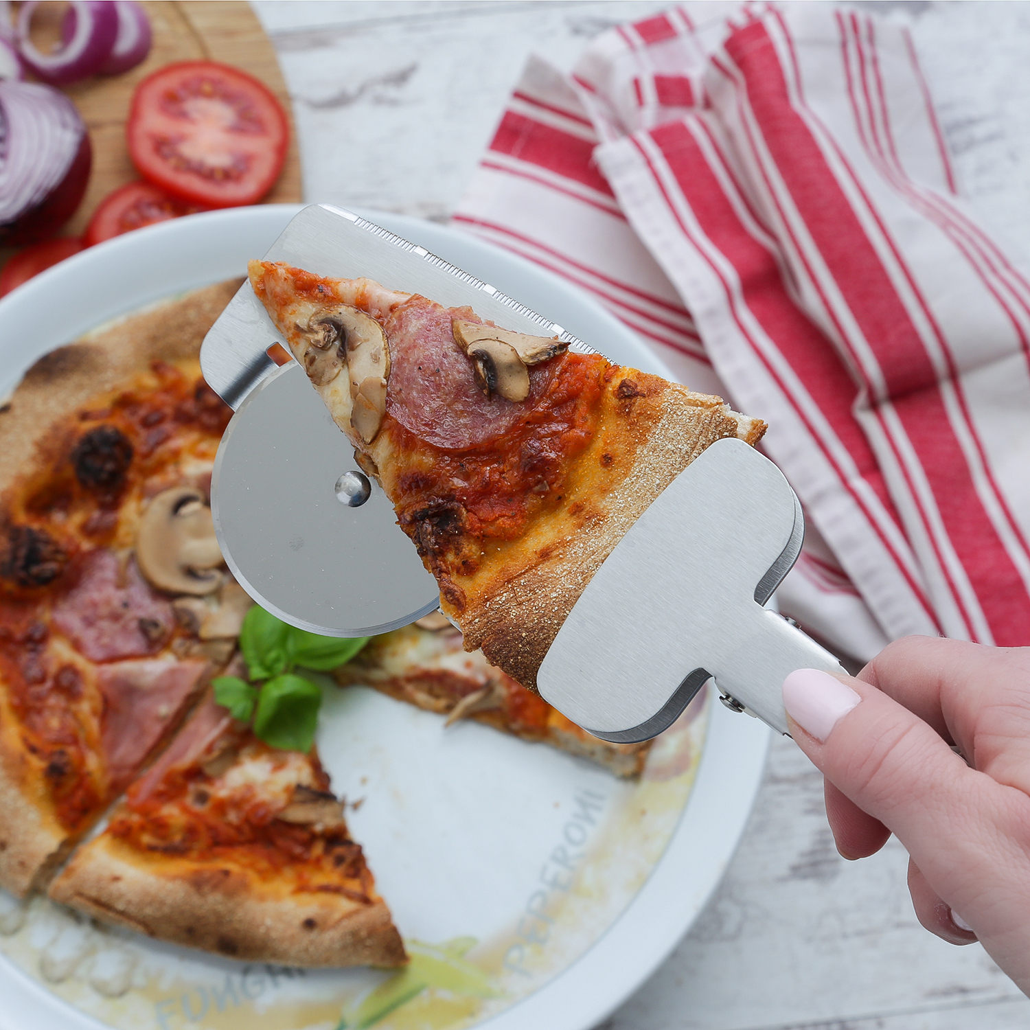 Pizza Multitool - 4 in 1 - Roller, Schaufel, Säge, Klammer - Edelstahl