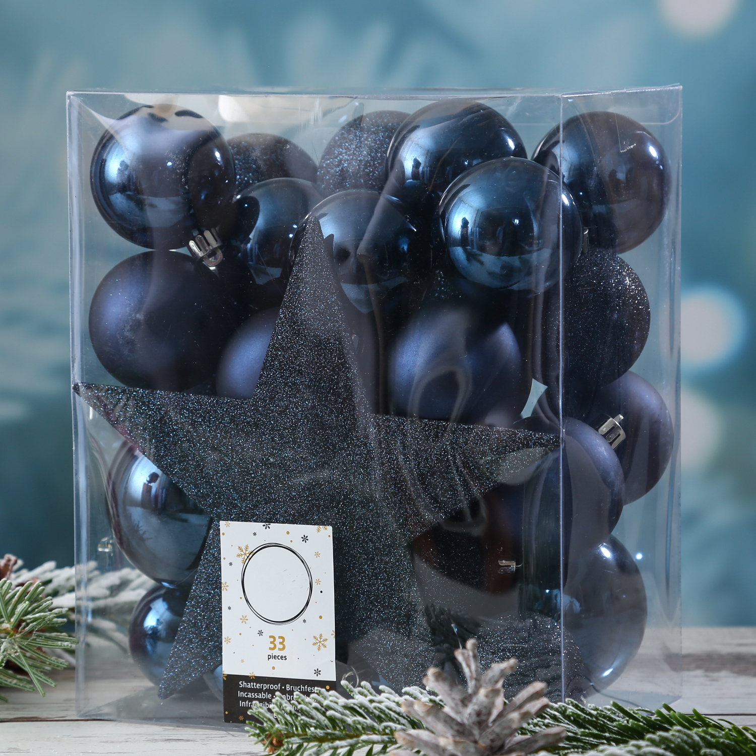Christbaumkugel - Weihnachtsbaumkugel - bruchfest - glänzend matt glitzernd - dunkelblau - 33er Set