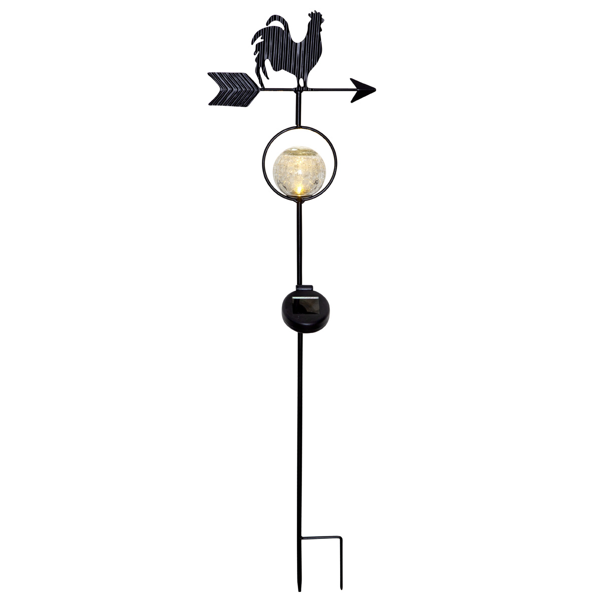 LED Solarstab "Hahn mit Windrichtungspfeil" - 1 warmweiße LED - H: 81cm - Dämmerungssensor - schwarz
