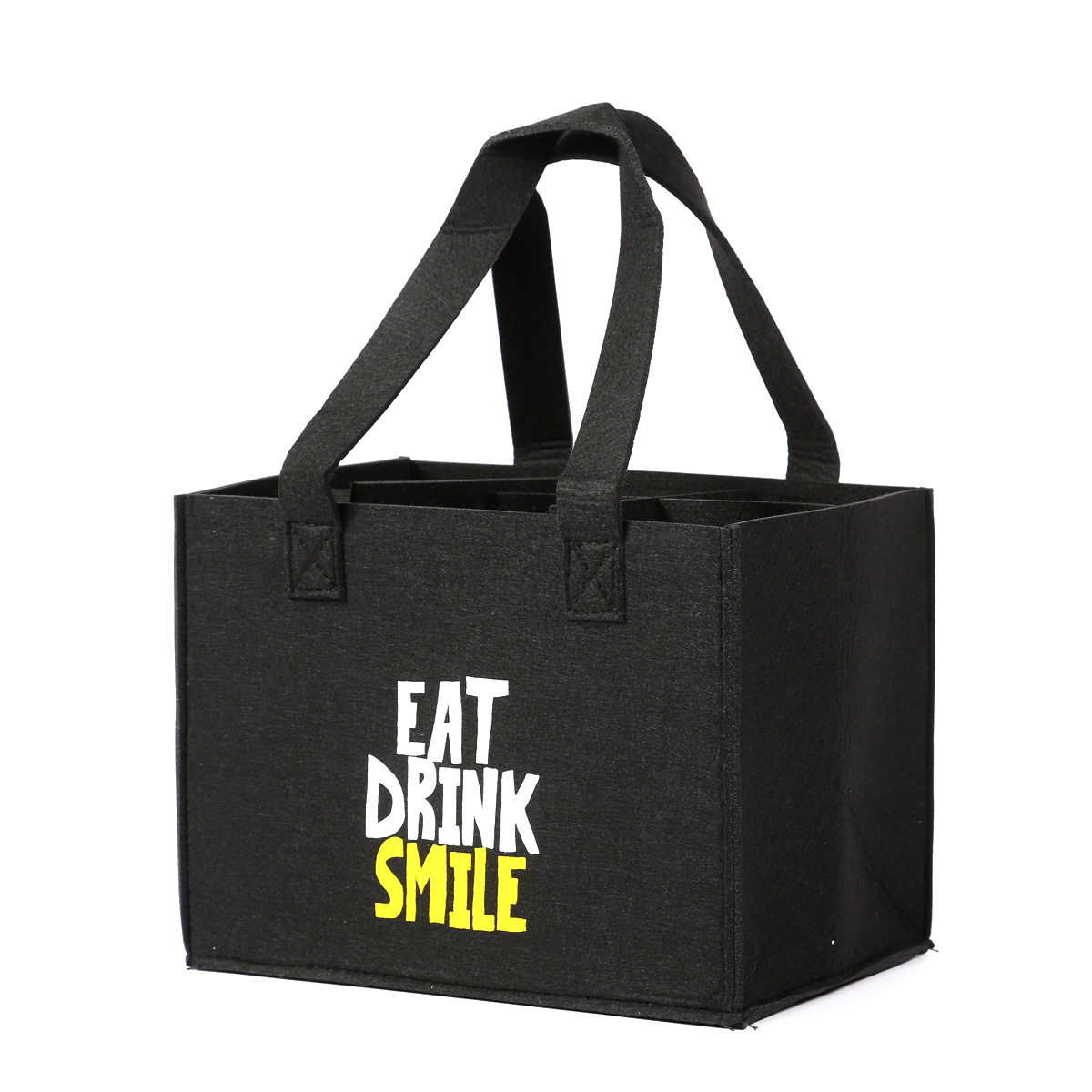 Flaschentasche SMILE - aus Filz - mit 2 Griffen - 6 Fächer - H: 17cm - schwarz Flaschentasche SMILE - aus Filz - mit 2 Griffen - 6 Fächer - H: 17cm - schwarz