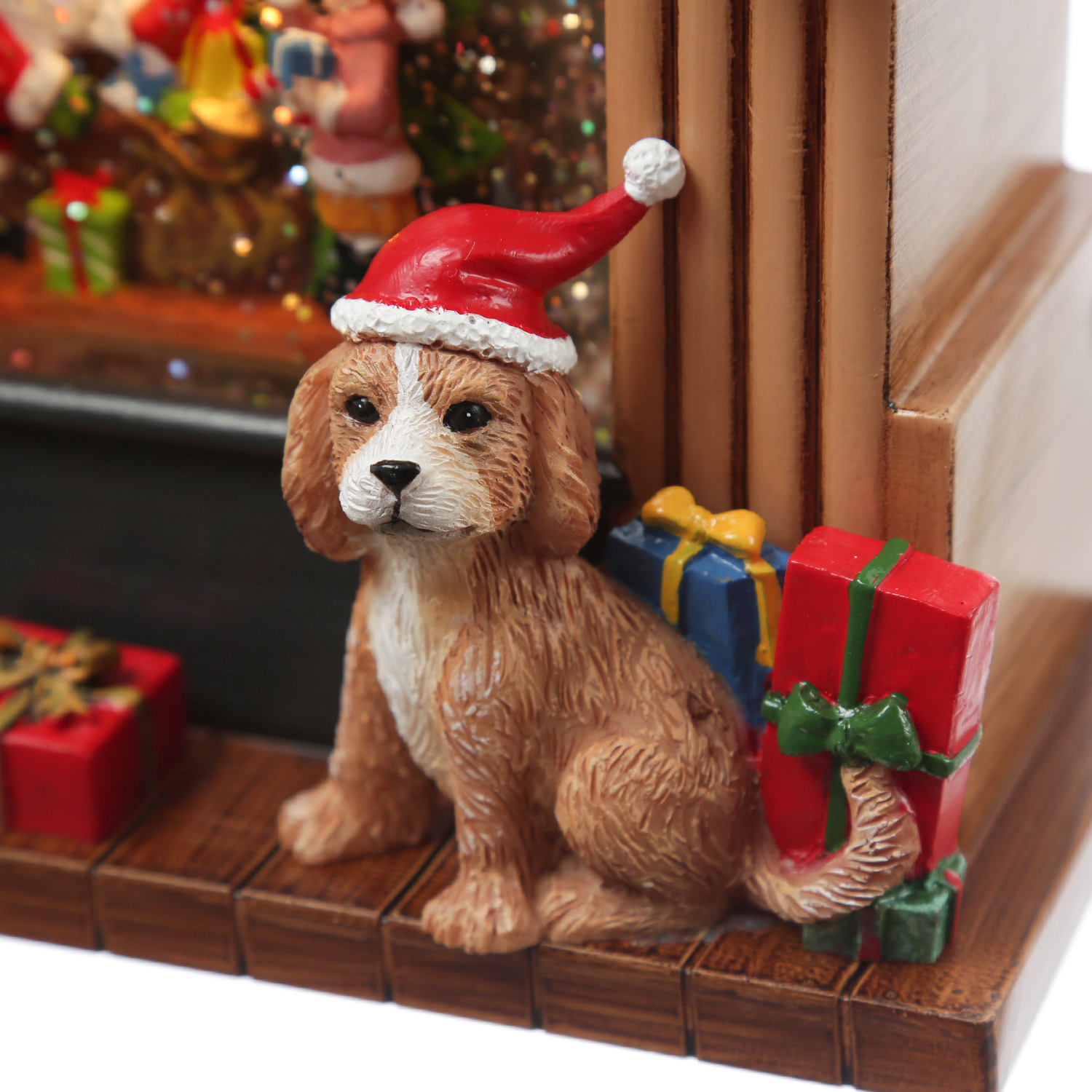 LED Wasserlaterne Kamin mit Weihnachtsmann - glitzernde Flocken - Musik - H: 23cm - Batteriebetrieb