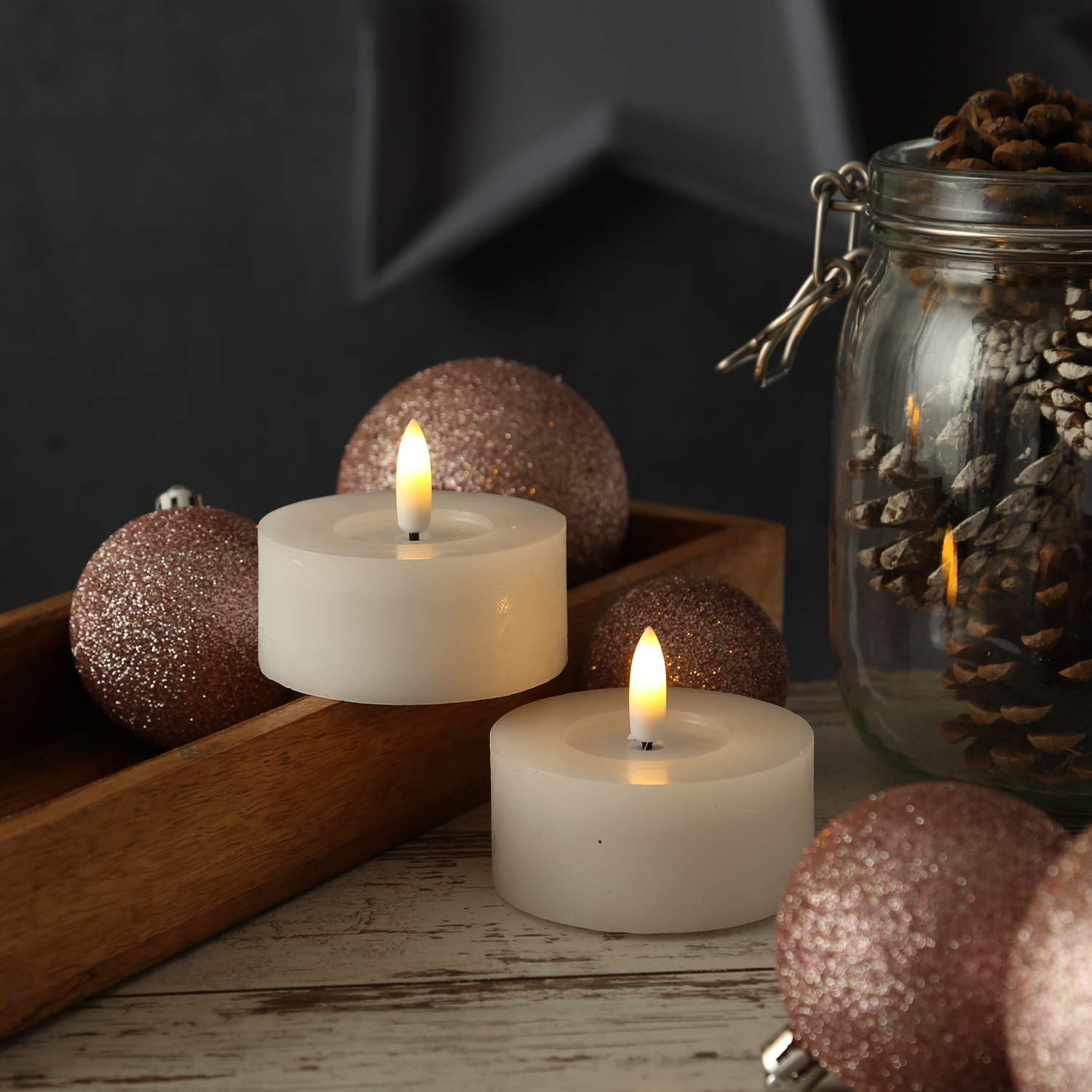 LED Maxi Teelichter LINA - Rustik-Optik - Echtwachs - Timer - D: 7cm - H: 6cm - weiß - 2 Stück