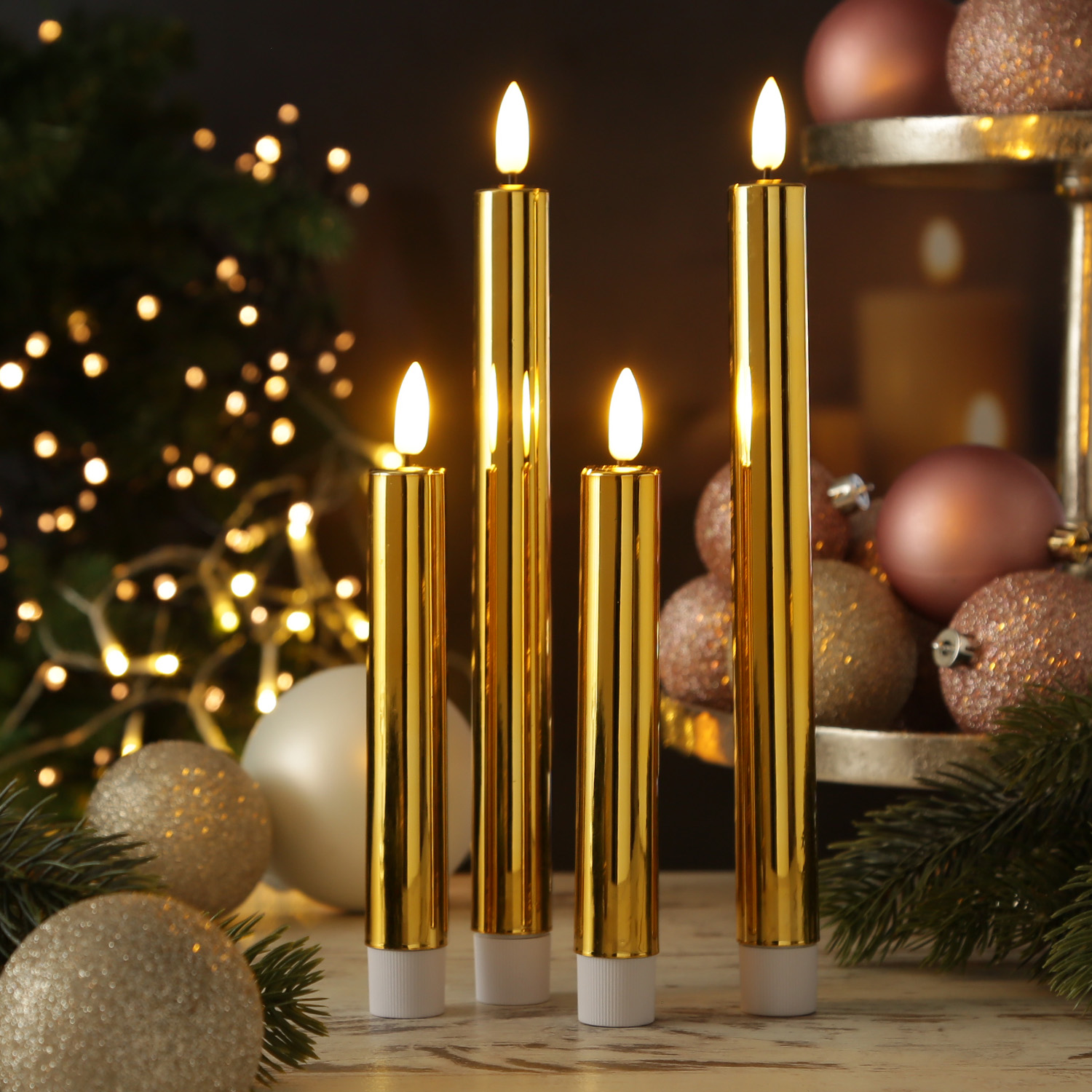 LED Stabkerzen - Tafelkerzen aus Kunststoff - H: 17cm - Timer - gold glänzend - 2er Set LED Stabkerzen - Tafelkerzen aus Kunststoff - H: 17cm - Timer - gold glänzend - 2er Set