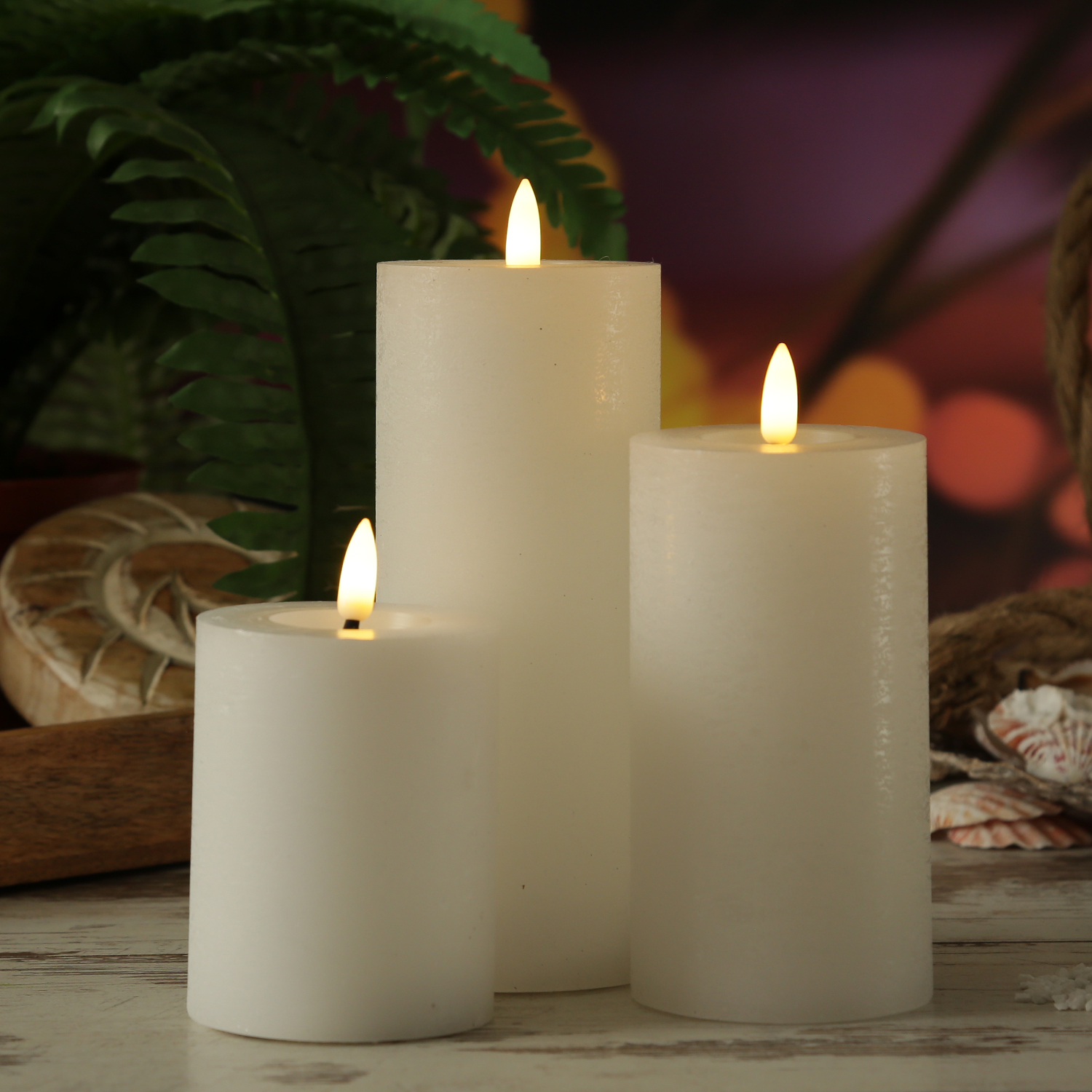 LED Kerzenset LINA - Rustik-Optik - Echtwachs - 3 Größen - D: 7cm - Timer - weiß - 3er Set