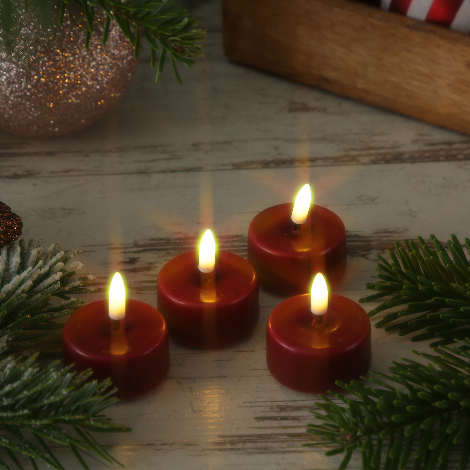 LED Mini Teelichter MIA - realistische 3D Flamme - D: 3,5cm - mit Batterien - bordeauxrot - 4 Stück