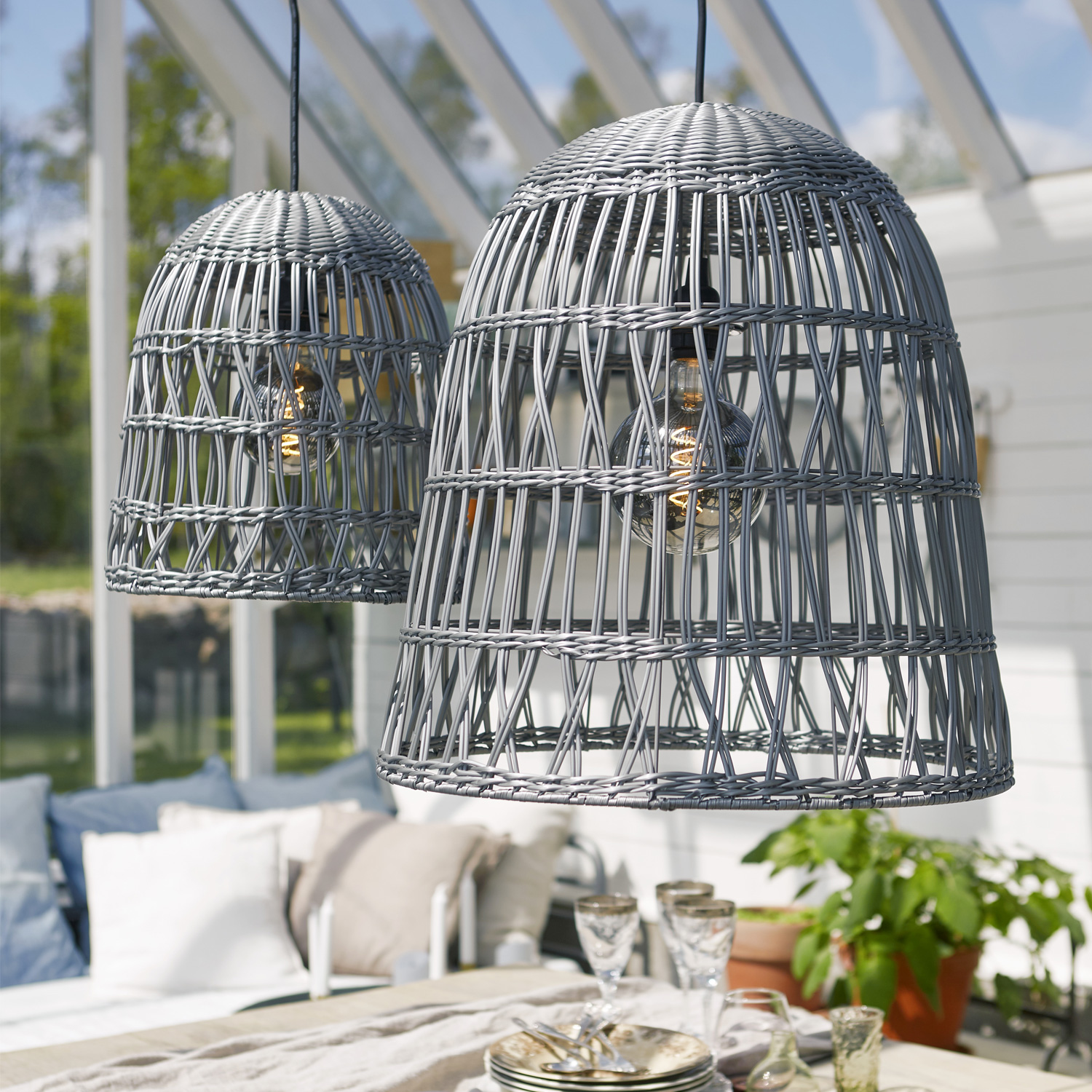 Lampenschirm BELL wetterfest - Rattan-Optik - für E27 Fassungen - D: 48cm/H: 50cm - grau