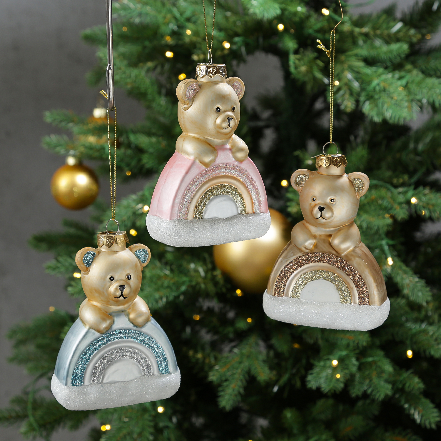 Weihnachtsbaumschmuck Teddybär mit Regenbogen - Christbaumschmuck - Glas - H: 13,5cm - rosa Weihnachtsbaumschmuck Teddybär mit Regenbogen - Christbaumschmuck - Glas - H: 13,5cm - rosa