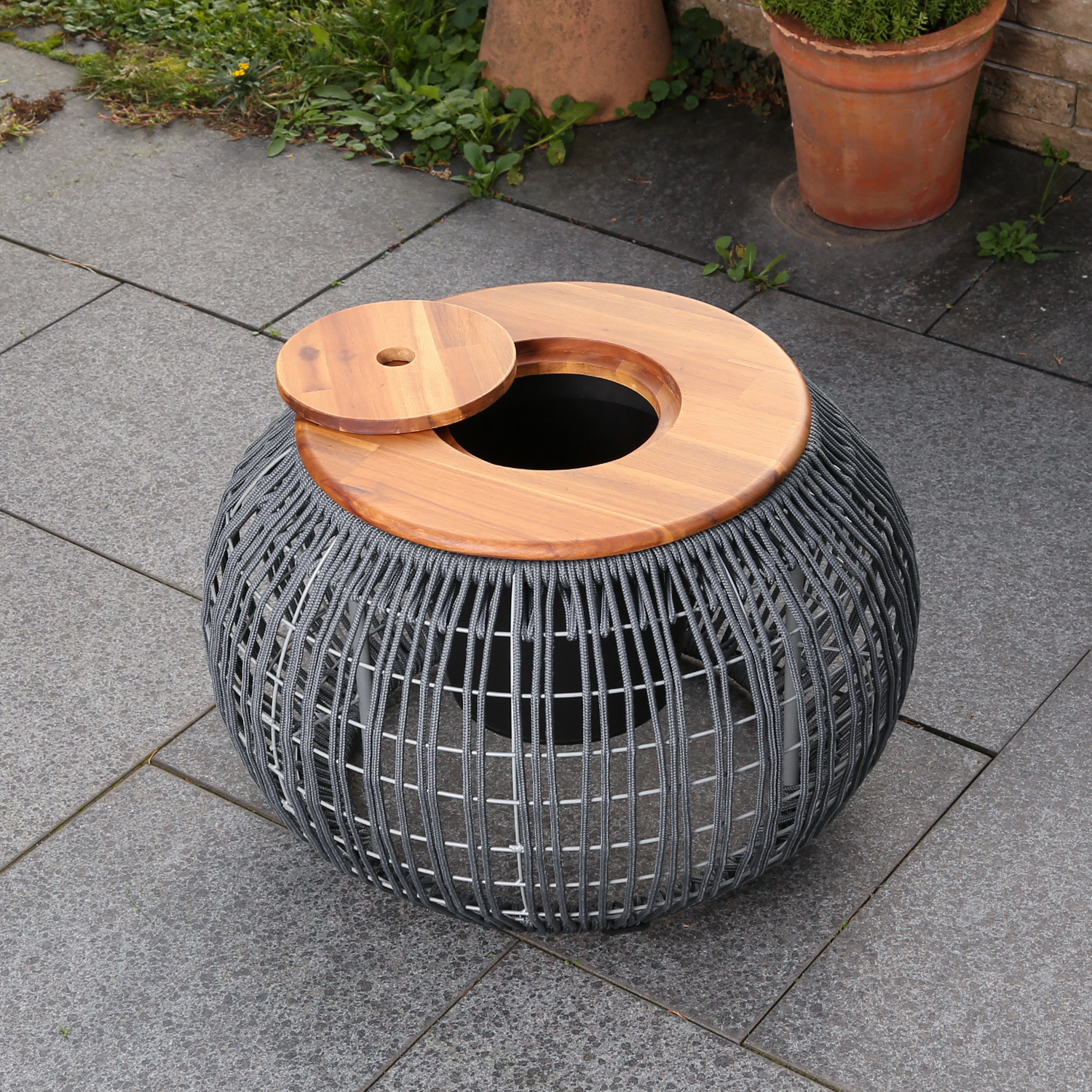Garten Beistelltisch - integrierter Behälter - Kunststoffseil - H: 37cm - D: 58cm - grau