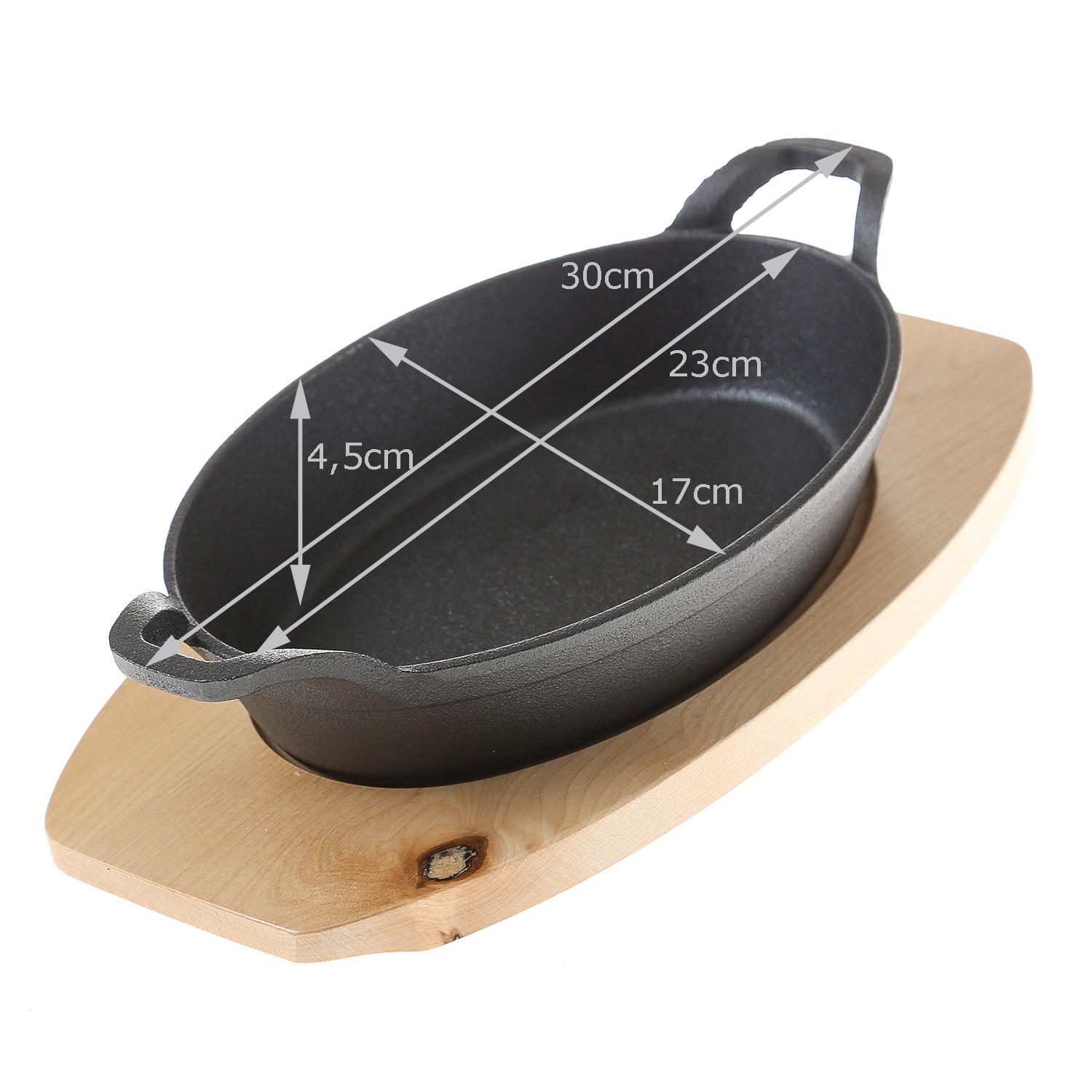 Gusspfanne mit 2 Griffen u. Holzuntersetzer - Gusseisen - L: 24cm - Servierpfanne - oval