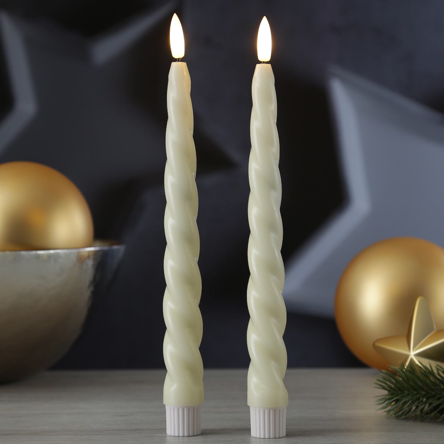 LED Stabkerzen TWIST - Echtwachs - flackernde 3D Flamme - H: 25cm - Timer - creme - 2er Set LED Stabkerzen TWIST - Echtwachs - flackernde 3D Flamme - H: 25cm - Timer - creme - 2er Set