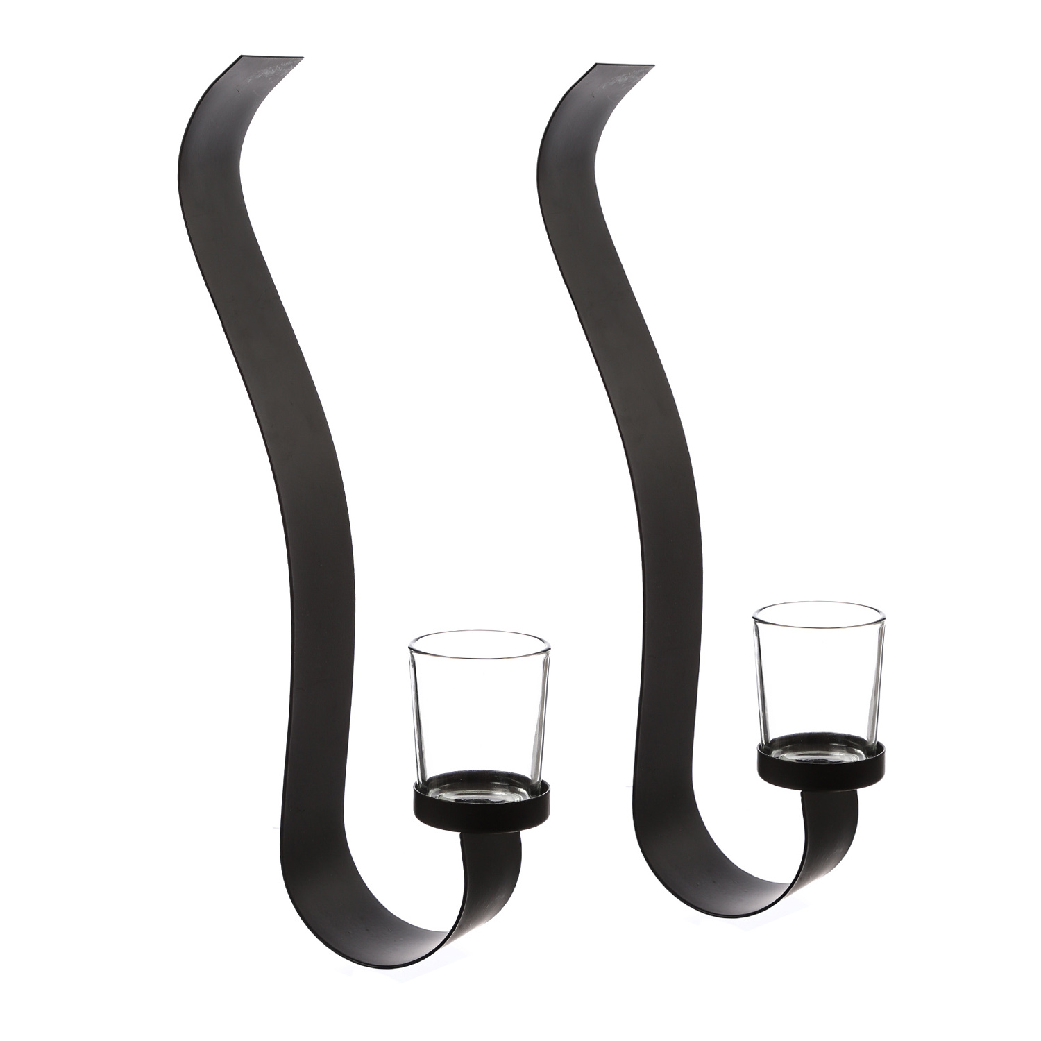 Wandkerzenhalter WAVE - mit Glasteelichthalter - Metall - H: 35cm -  schwarz - 2er Set Wandkerzenhalter WAVE - mit Glasteelichthalter - Metall - H: 35cm -  schwarz - 2er Set