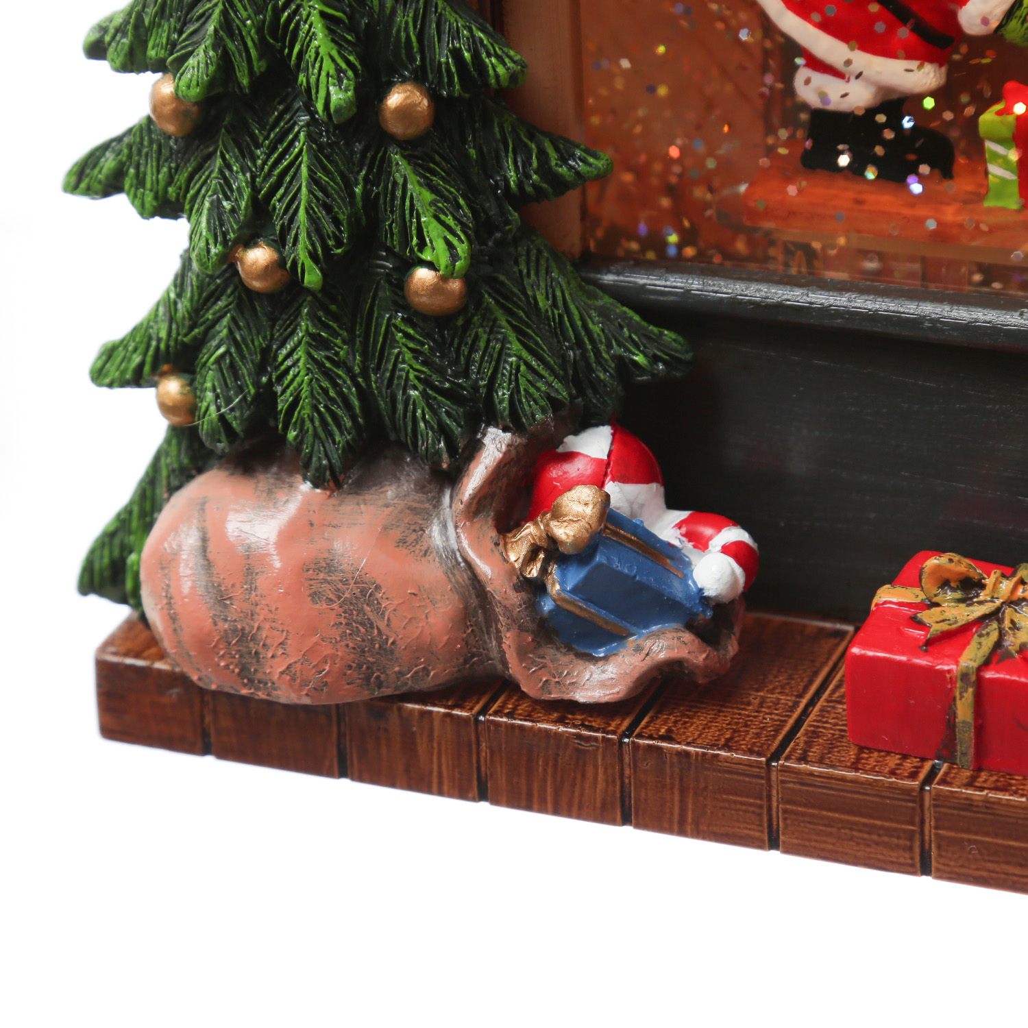LED Wasserlaterne Kamin mit Weihnachtsmann - glitzernde Flocken - Musik - H: 23cm - Batteriebetrieb