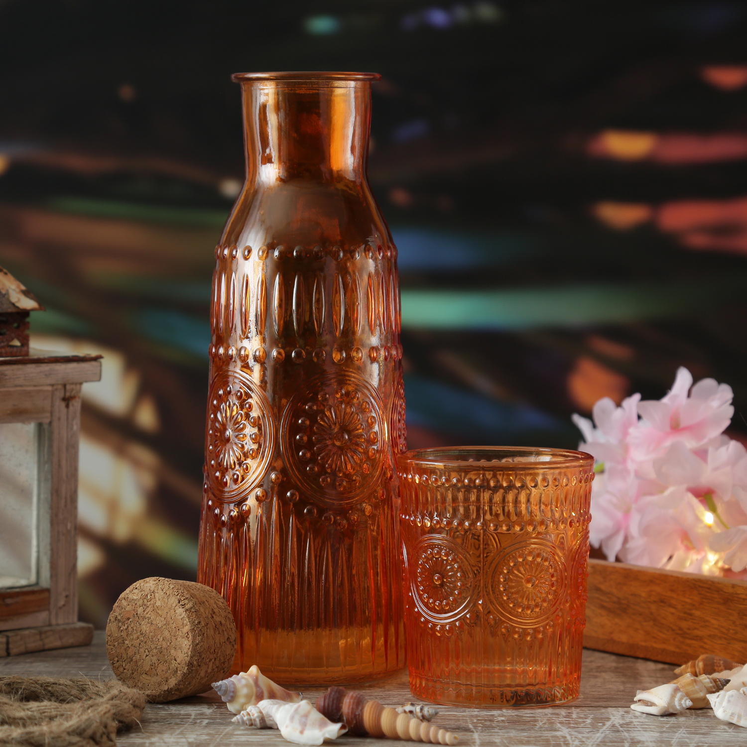 Karaffe Vintage mit Blumenmuster - Glaskaraffe - Kanne mit Korkendeckel - Boho Stil - 1l - orange