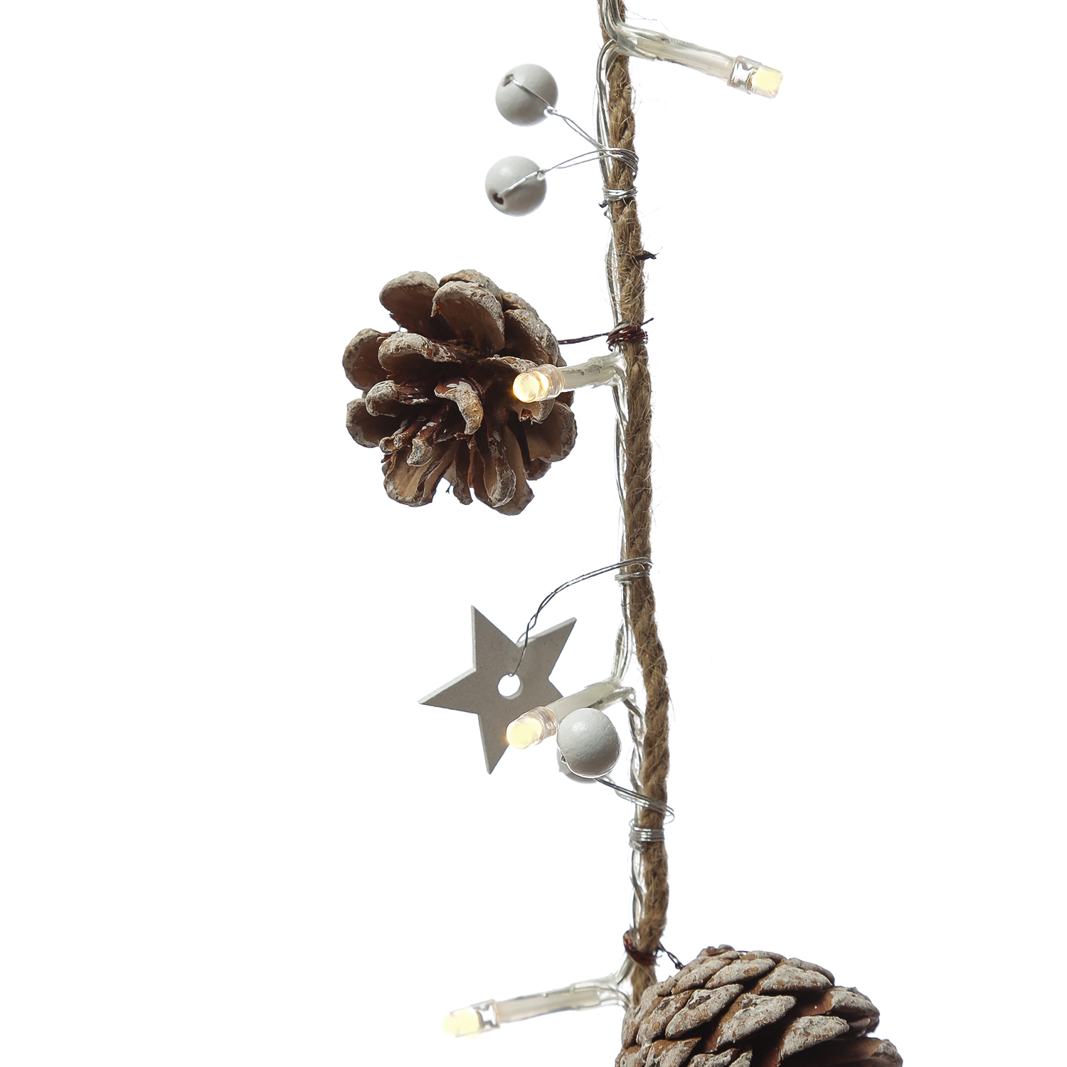 LED Lichterkette  mit Tannenzapfen und Holzsternen am Seil - 20 warmweiße LED - L: 0,9m - braun/weiß