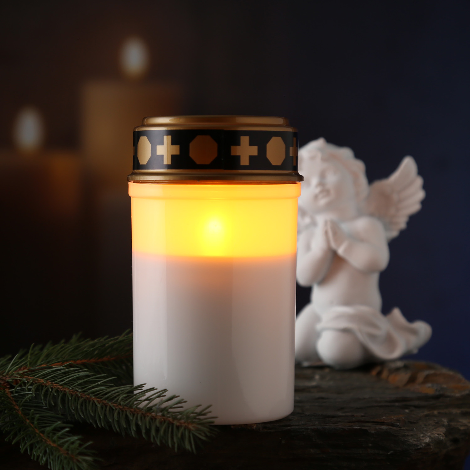 LED Grablicht - Grabkerze - gelb flackernde Flamme - H. 12,5cm - für Außen - weiß mit Deckel LED Grablicht - Grabkerze - gelb flackernde Flamme - H. 12,5cm - für Außen - weiß mit Deckel