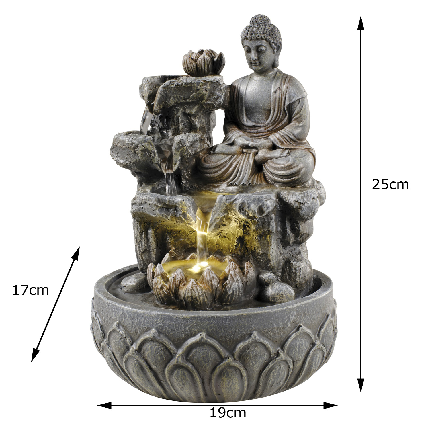 Brunnen LED Buddhafigur Kaskaden Zimmerbrunnen H 25cm Tischbrunnen
