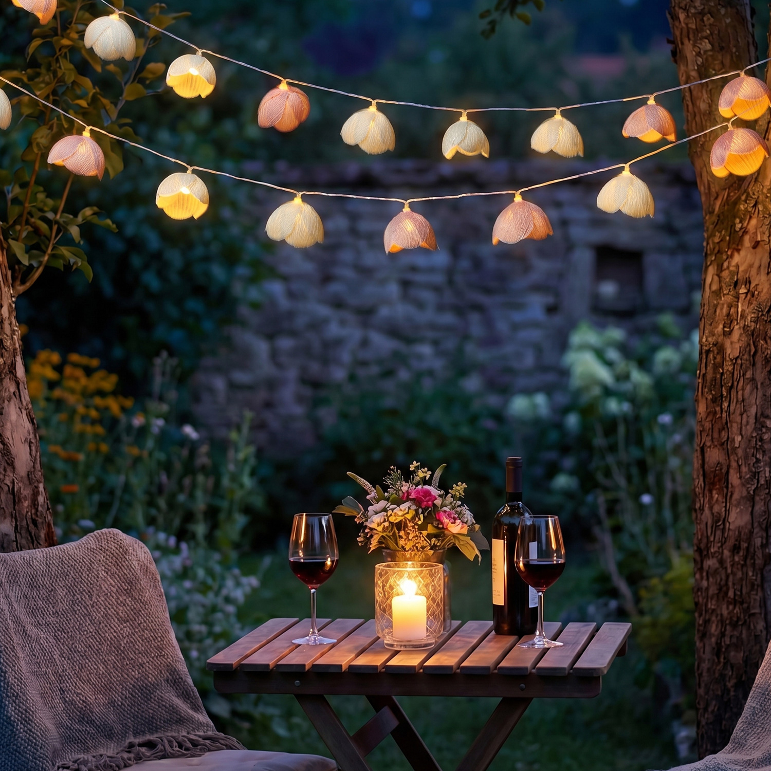 LED Lichterkette Blumen - 15 weiße u. rosa Blüten - Batterie/Timer - L: 1,4m - Innen/Außen