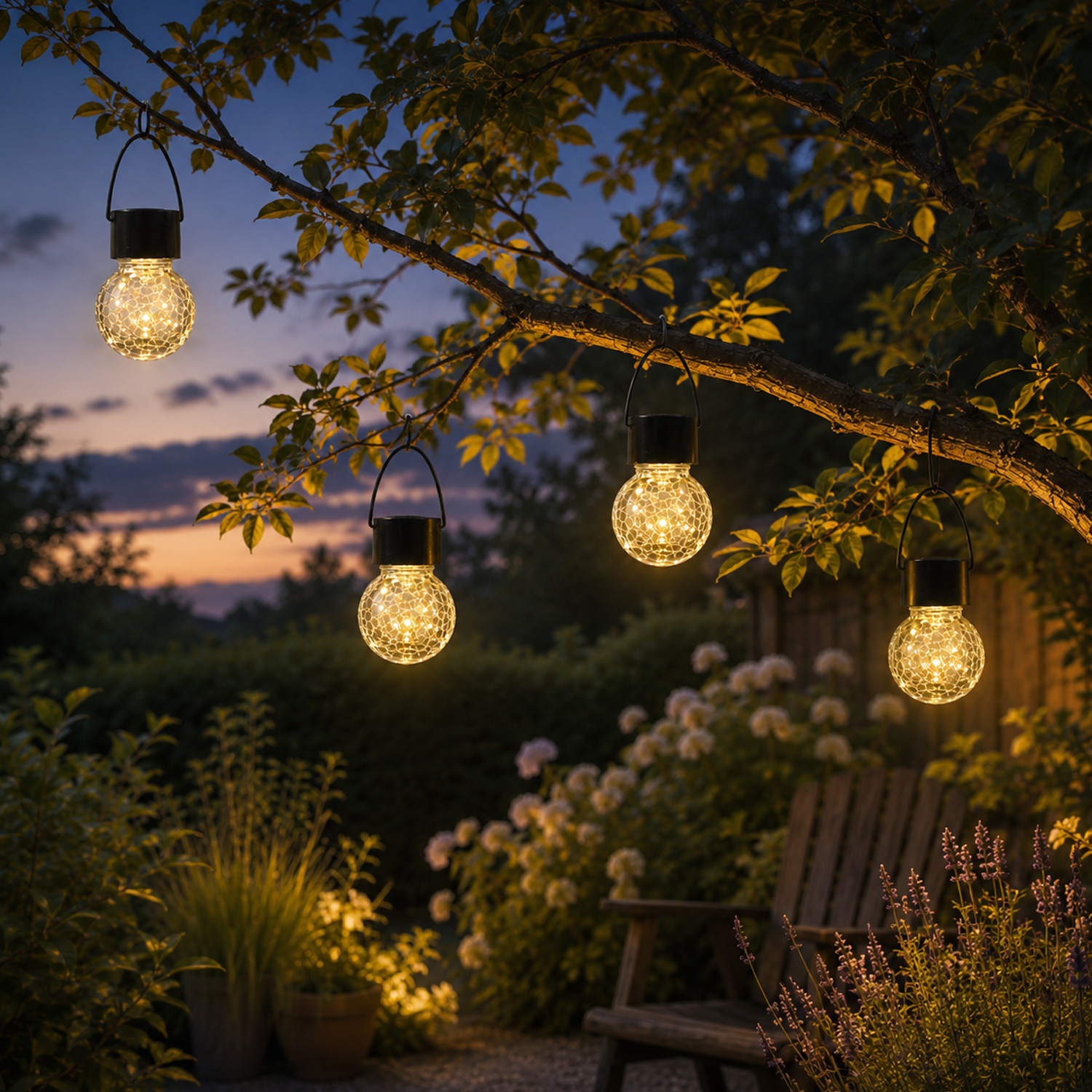 LED Solar Hängeleuchte CRACKLE - Bruchglas-Optik - warmweiße LED - H: 9cm - Sensor - transparent