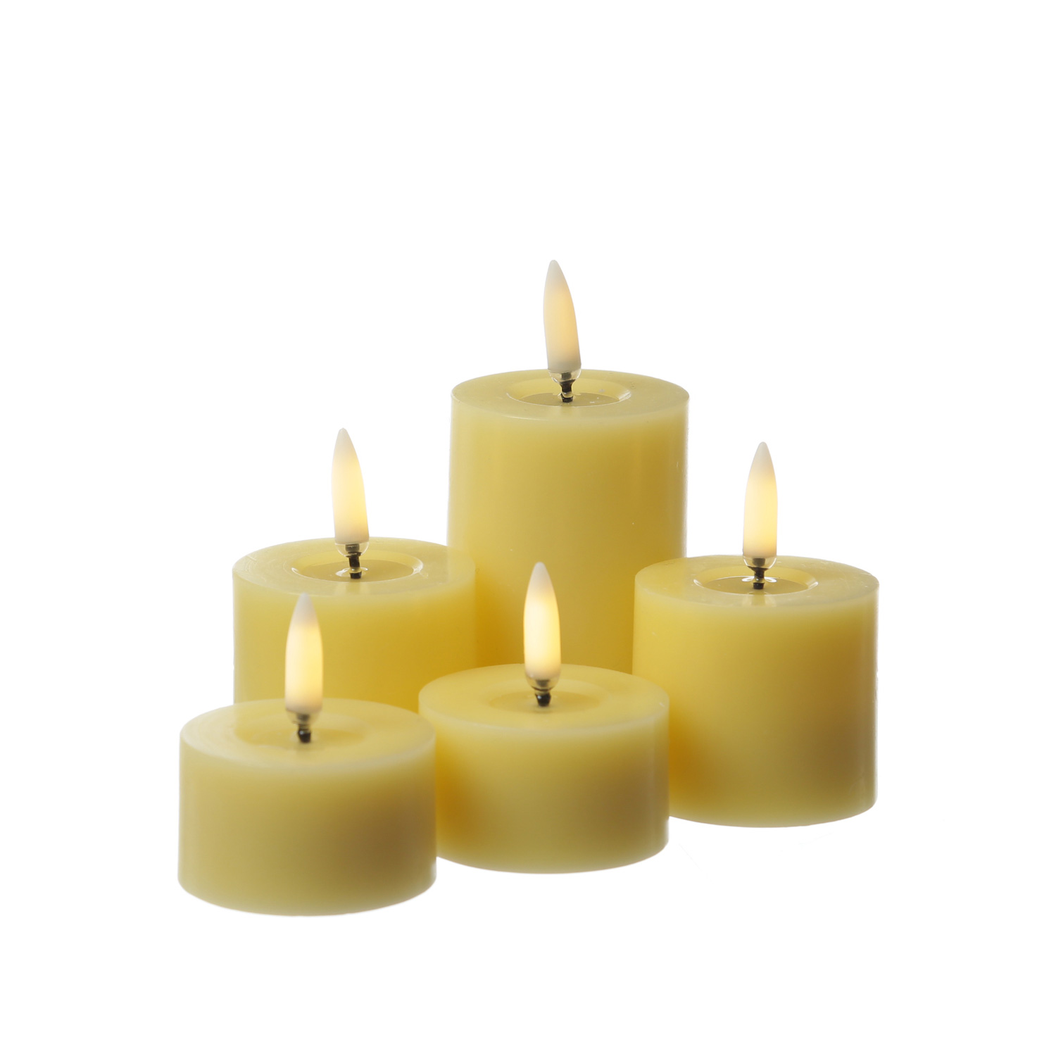 LED Mini Kerze THEA - Echtwachs - 3D Flamme mit Wachsspiegel - D: 5cm - H: 7,5cm - Timer - gelb