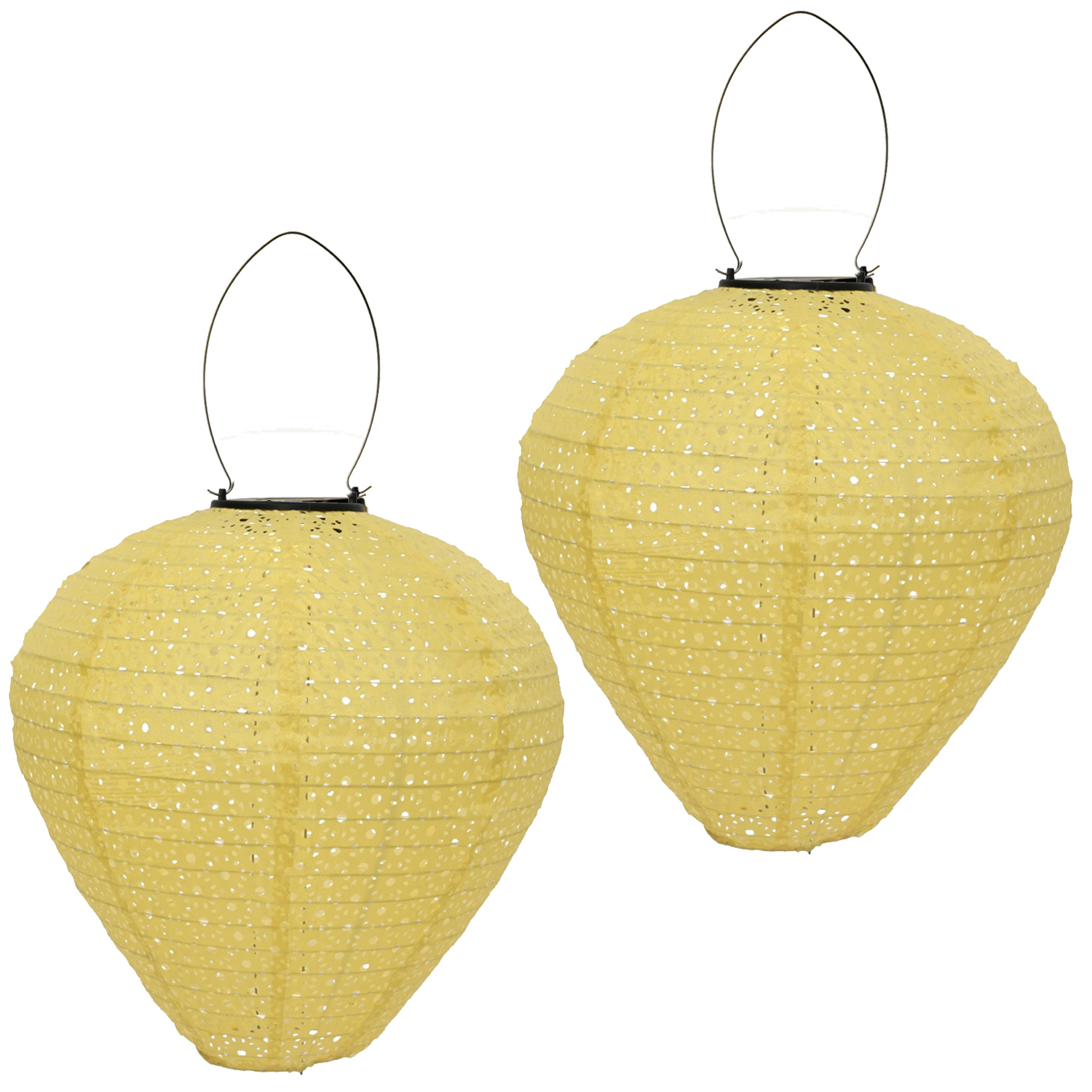 LED Solar Lampion Ballon - mit Blumenmuster - H: 30cm - D: 30cm - Lichtsensor - gelb - 2er Set