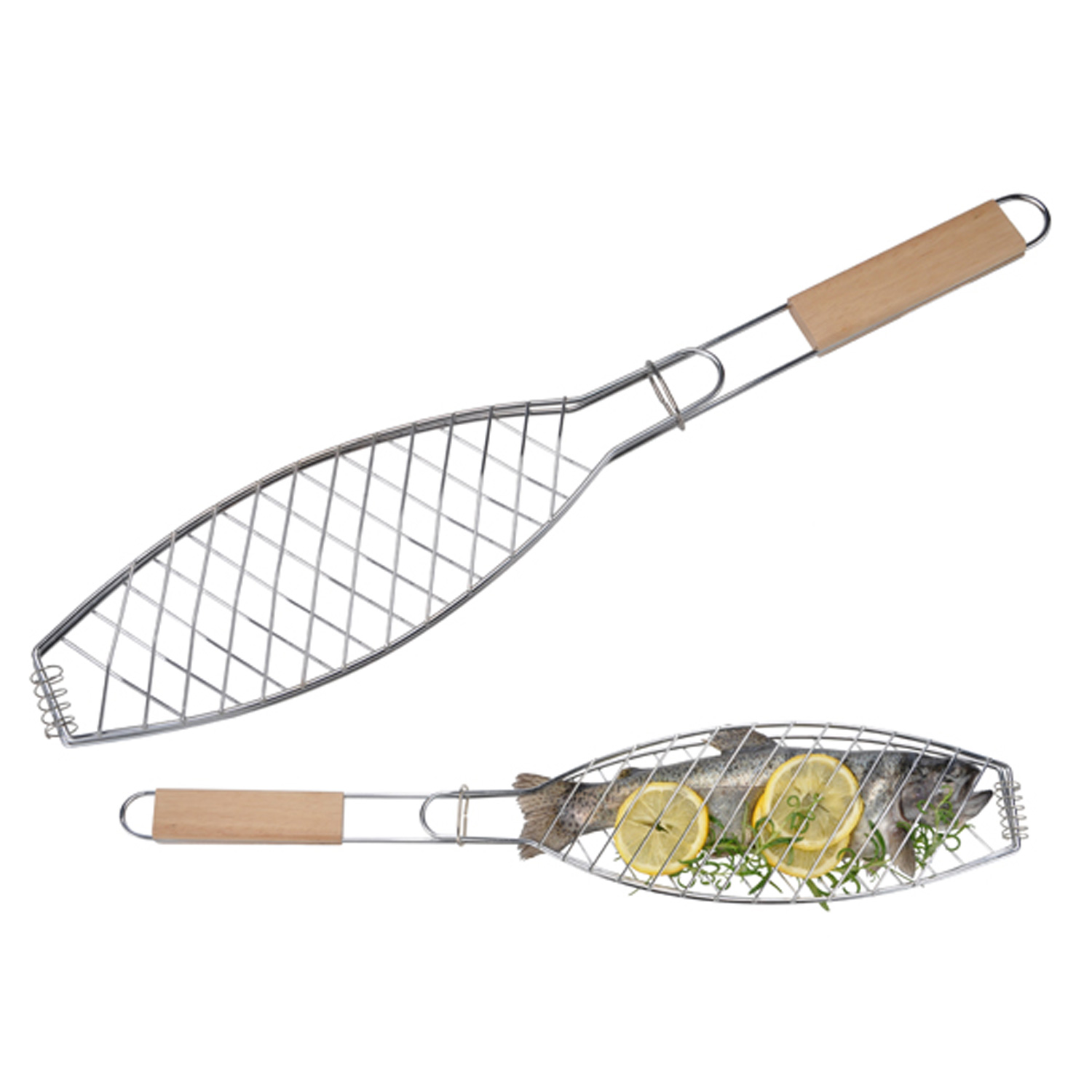 Fischgitter - Fischbräter, extra lang - verchromt - mit Holzgriff