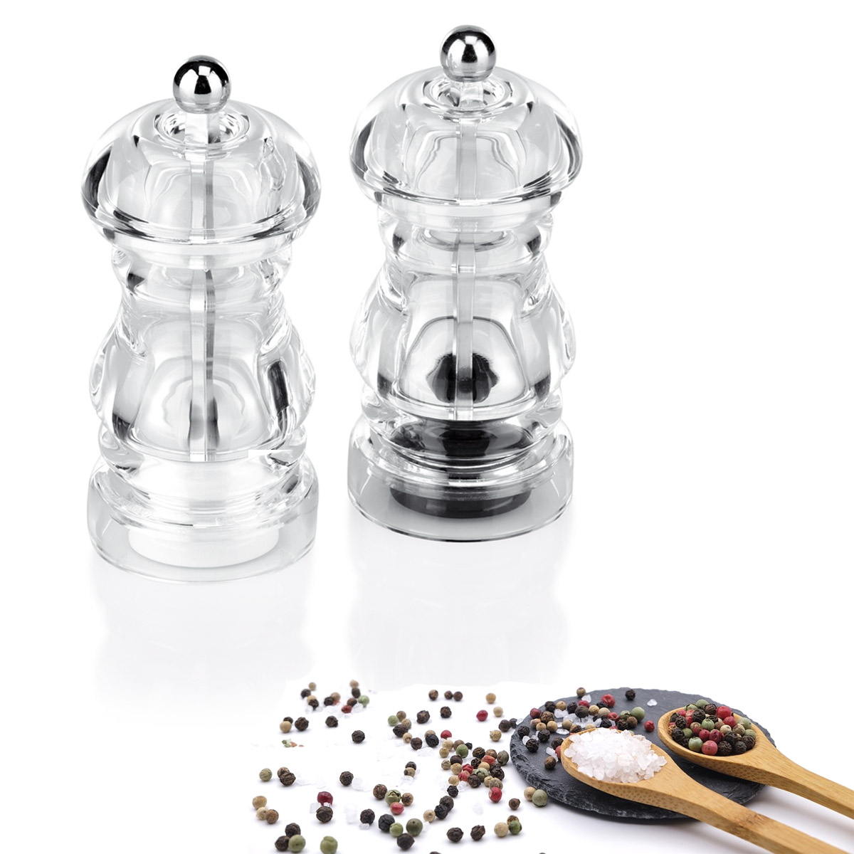 Salz-& Pfeffermühlen Set - transparentes ACRYL - Keramikmahlwerk / Edelstahlmahlwerk - 13cm hoch Salz-& Pfeffermühlen Set - transparentes ACRYL - Keramikmahlwerk / Edelstahlmahlwerk - 13cm hoch