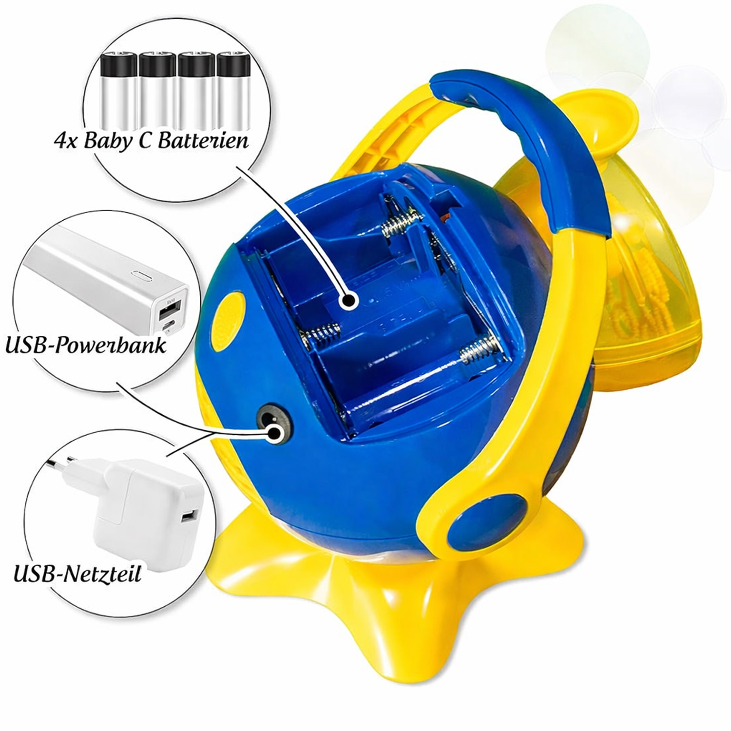 HOLLYHOPPER® Seifenblasenmaschinen Set mit 1L Qualitäts-Fluid 2x Fang-Kescher