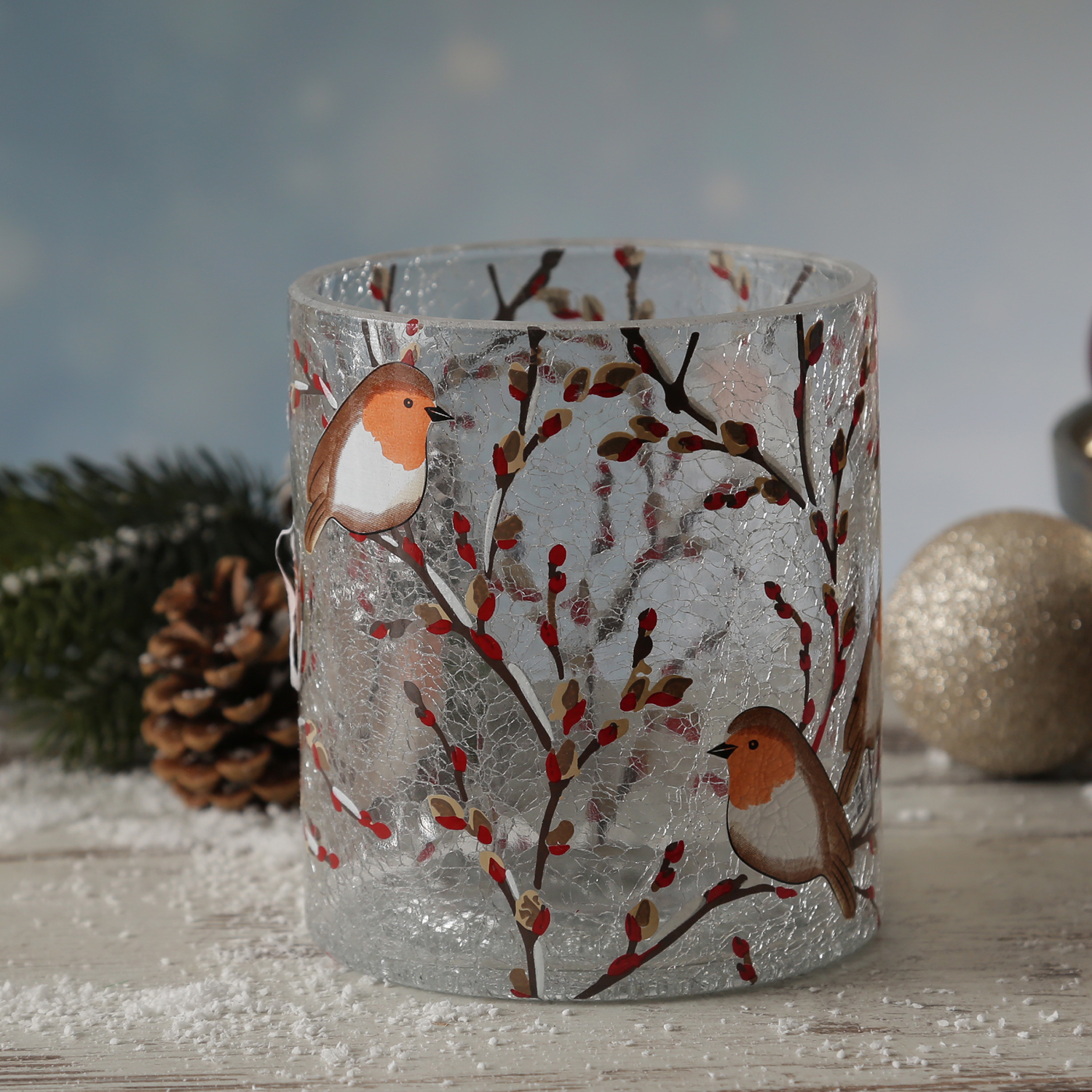 Teelichthalter ROTKEHLCHEN - Windlicht - Bruchglasoptik - Glas- H: 13cm - D: 11,5cm Teelichthalter ROTKEHLCHEN - Windlicht - Bruchglasoptik - Glas- H: 13cm - D: 11,5cm