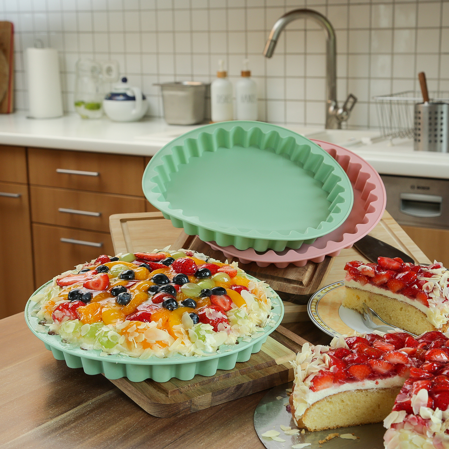 Backform - Kuchenform - Tarteform - Silikon - rund - D: 26,5cm - mintgrün