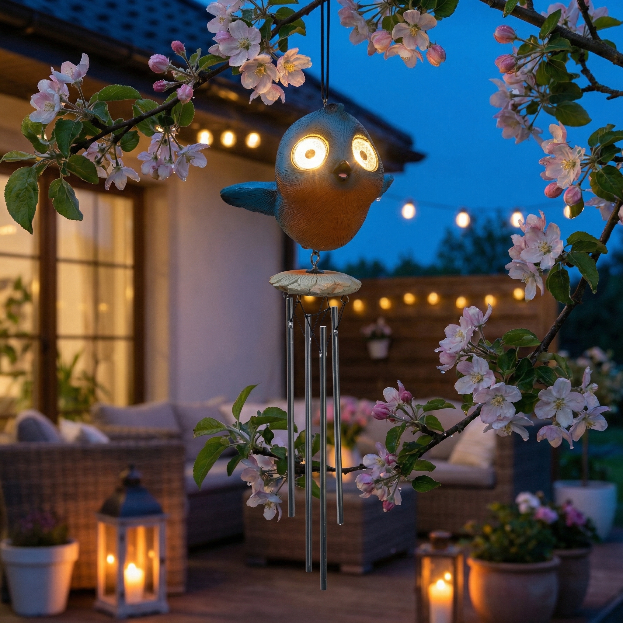 LED Solar Windspiel Vogel - Klangspiel mit Vögelchen mit leuchtenden Augen - H: 29cm - Lichtsensor