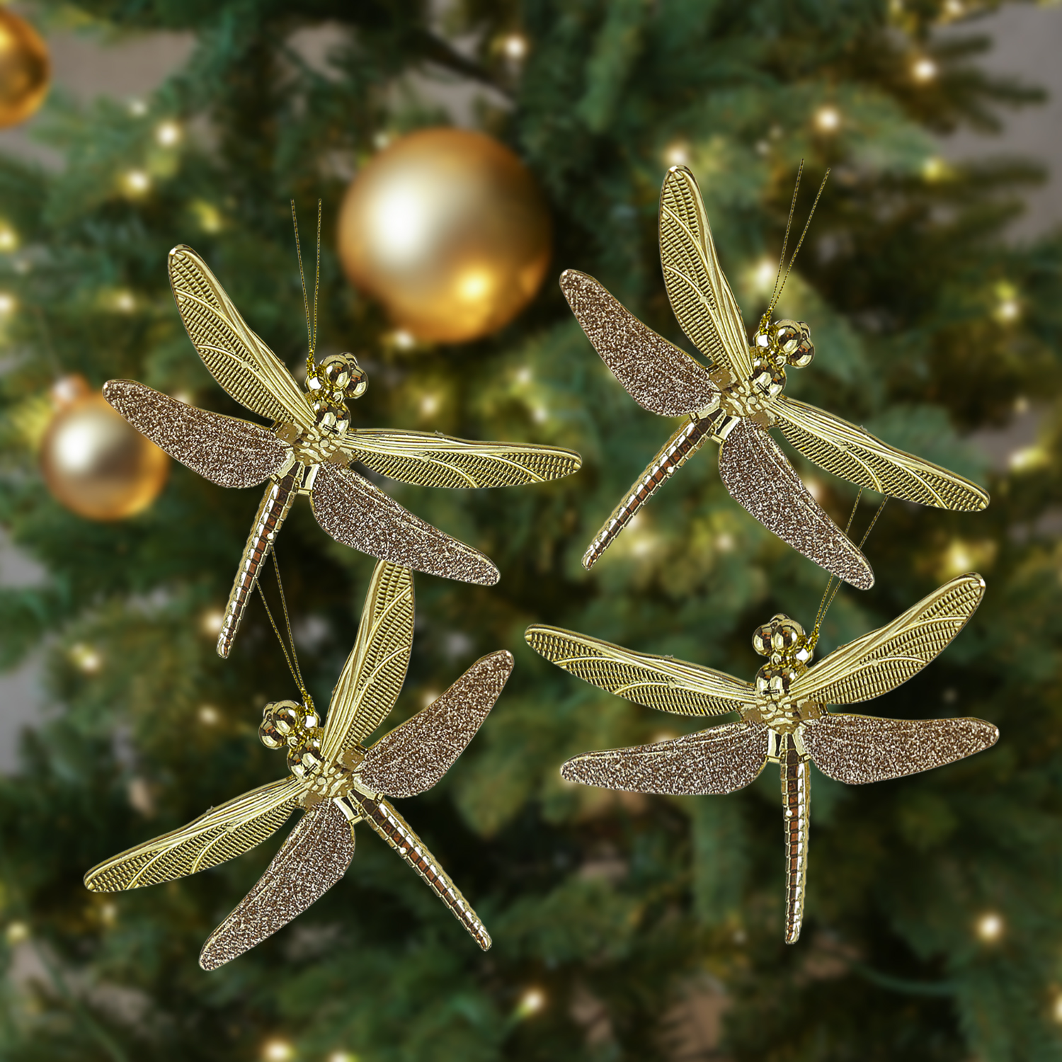 Libellen mit Glitzer - Weihnachtsbaumschmuck - Kunststoff - L: 14cm - gold glänzend - 4er Set Libellen mit Glitzer - Weihnachtsbaumschmuck - Kunststoff - L: 14cm - gold glänzend - 4er Set