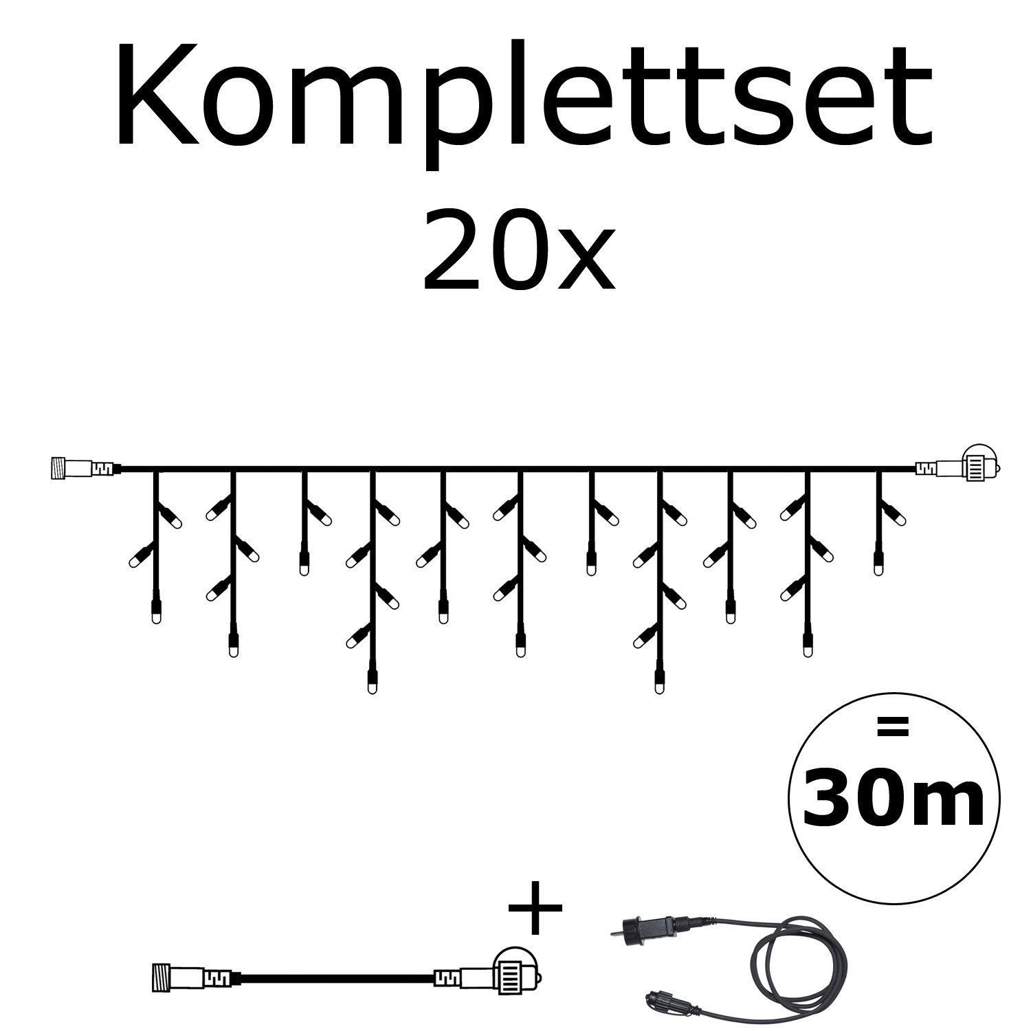 SYSTEM 24 KOMPLETT SET 30m - LED Lichtervorhang Eisregen 30x0,7m - Icicle für Dachrinne, Terrasse