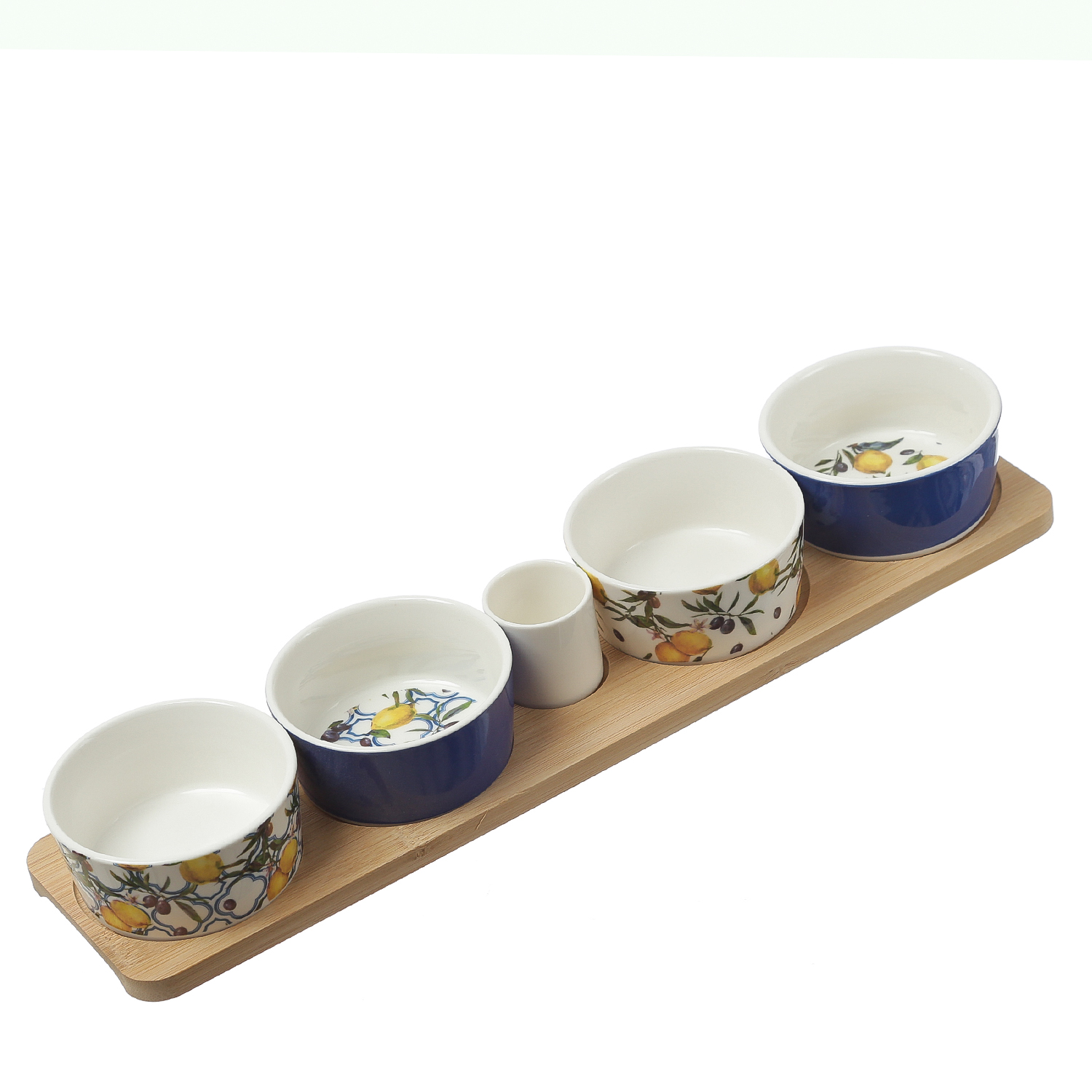 Tapas Set - Servierset - Holzbrett mit 4 Schalen und Fingefood Spießen - L: 40cm - Porzellan Tapas Set - Servierset - Holzbrett mit 4 Schalen und Fingefood Spießen - L: 40cm - Porzellan