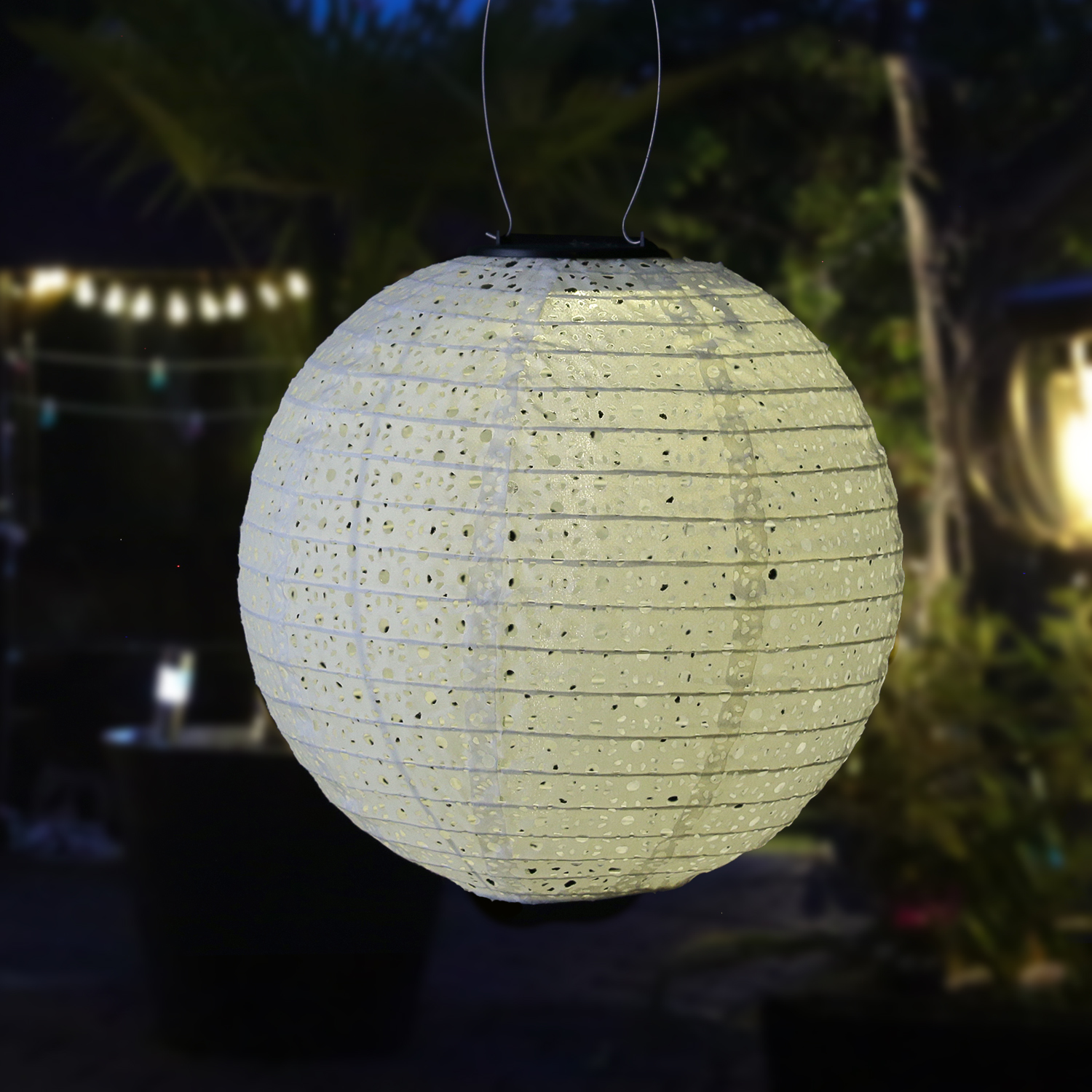LED Solar Lampion - mit Blumenmuster - warmweiße LED - H: 25cm - D: 25cm - Lichtsensor - weiß