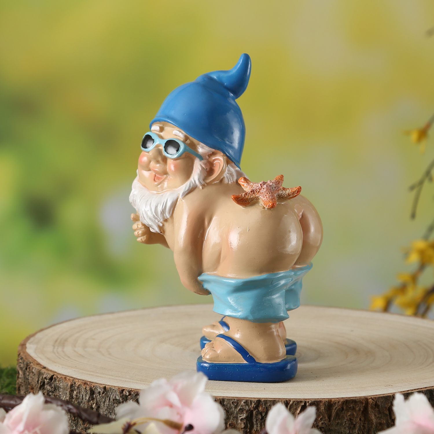 Gartenzwerg Hose Runter mit Seestern - Maritimer Zwerg mit nacktem Po  - Polyresin - H: 18cm