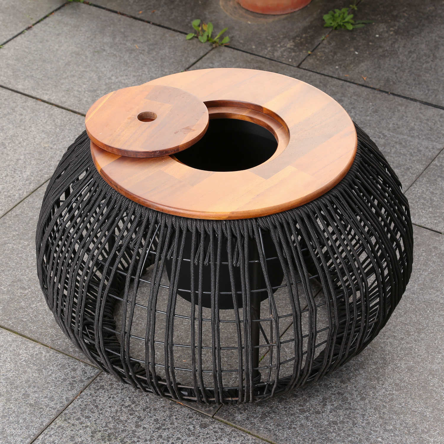 Garten Beistelltisch - integrierter Behälter - Kunststoffseil - H: 37cm - D: 58cm - schwarz