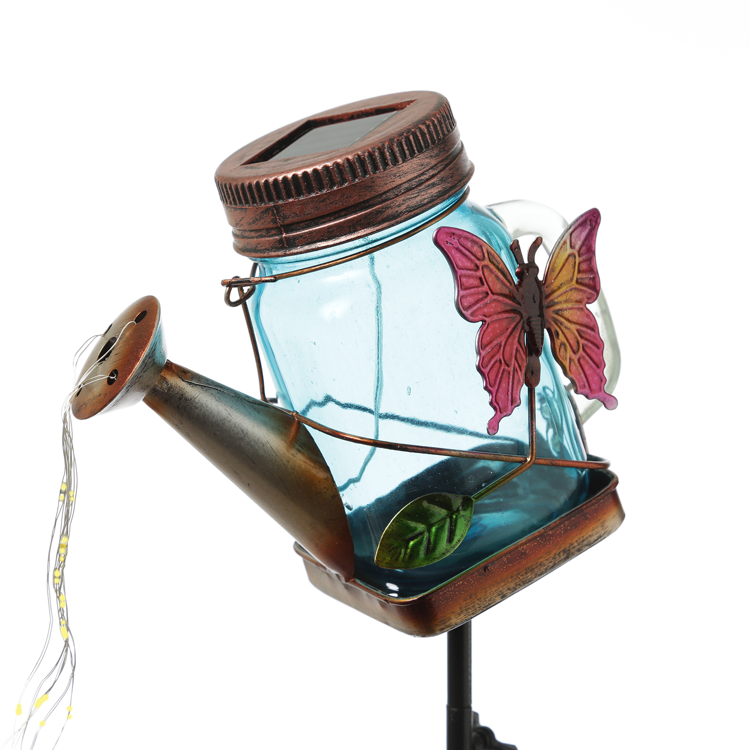 LED Solar Gießkanne mit Wasserfall Lichterkette - Solarglas mit Schmetterling - H: 80cm - Sensor