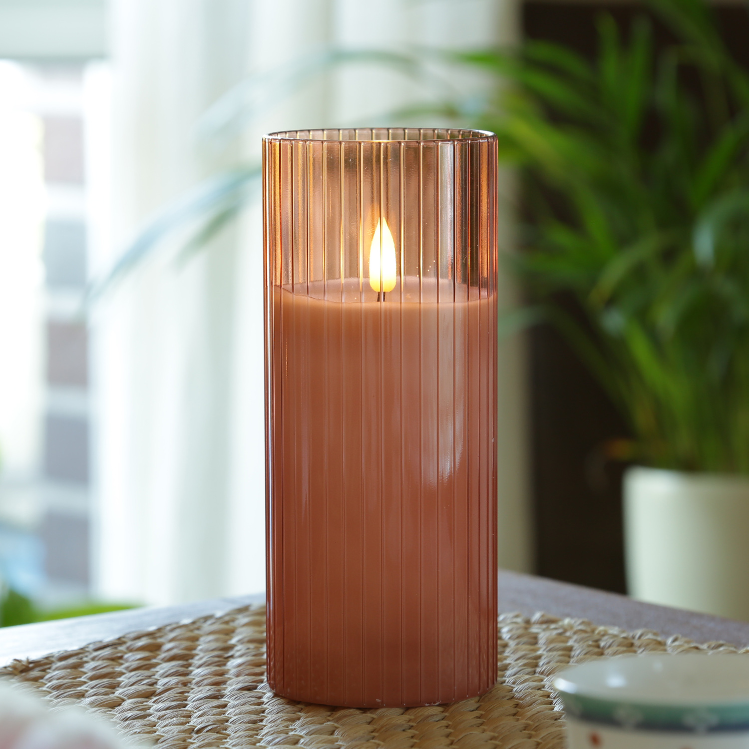 LED Kerze im Glas - Windlicht - Echtwachs - 3D Flamme - Timer - H: 17,5cm - D: 7,5cm - rosa LED Kerze im Glas - Windlicht - Echtwachs - 3D Flamme - Timer - H: 17,5cm - D: 7,5cm - rosa