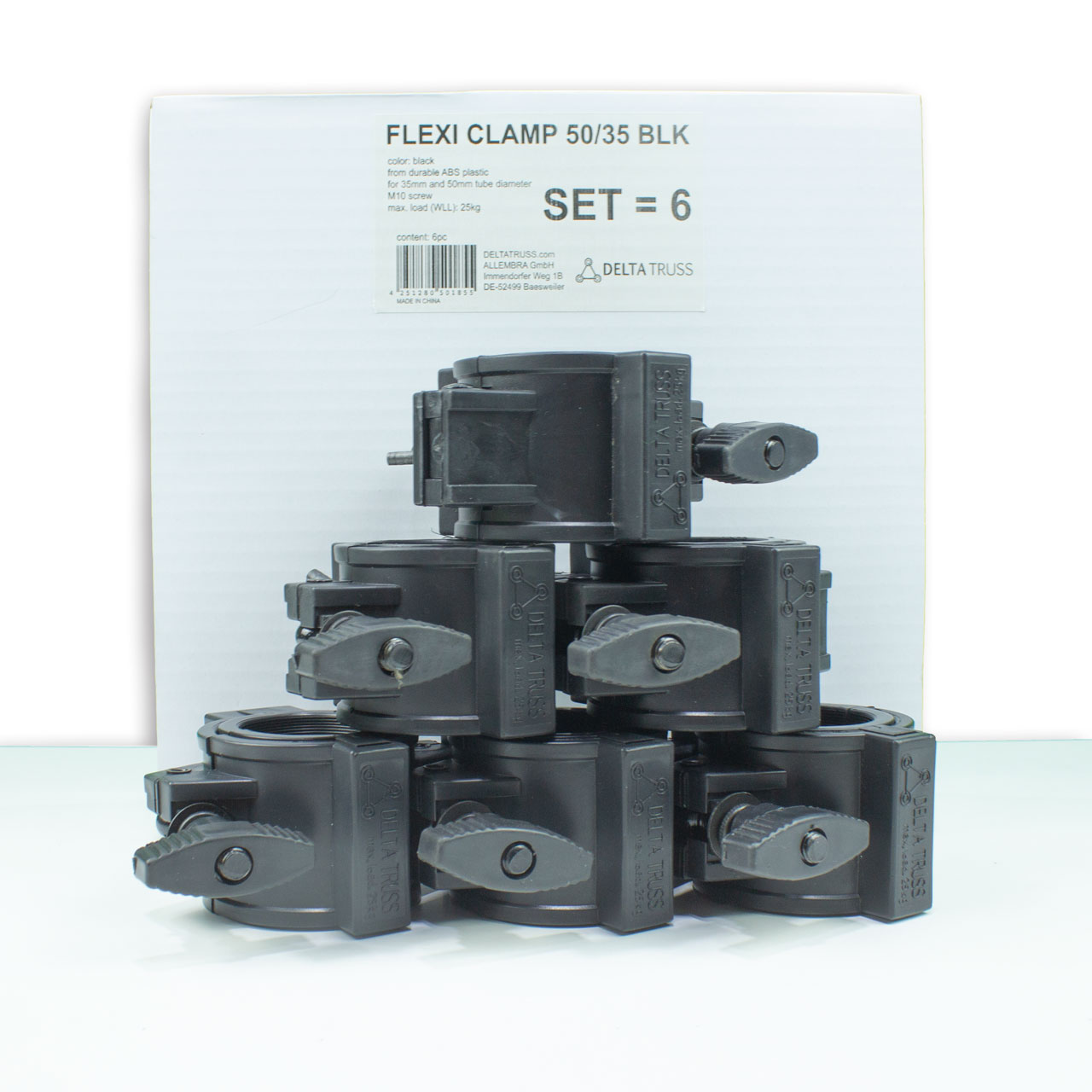 FLEXI CLAMP Set schwarz (6 Stück) - Kunststoff-Klammer f. Traversen, Half-Coupler 50/35mm FLEXI CLAMP Set schwarz (6 Stück) - Kunststoff-Klammer f. Traversen, Half-Coupler 50/35mm