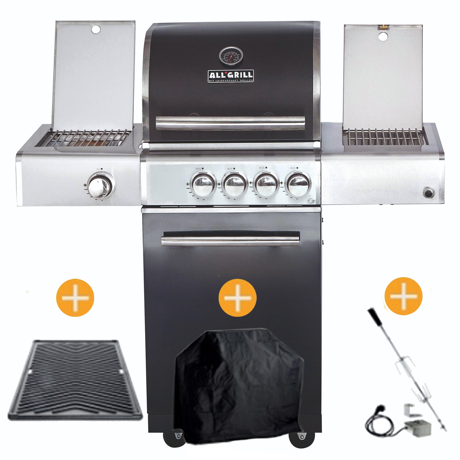 CHEF Paket S1 - Basis schwarz 2 Brenner Backburner Seitenkocher GRATIS: Cover, Grillplatte, Spieß