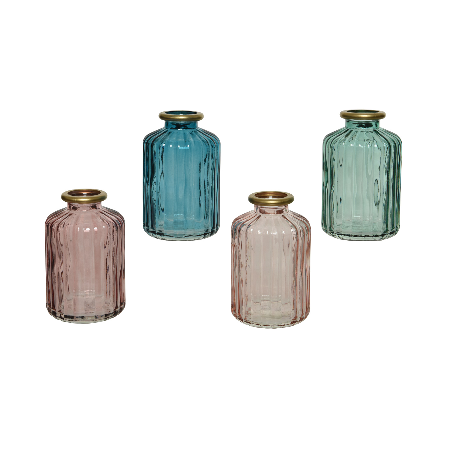 Mini Glasvase mit Rillen - Dekovase - Blumenvase - mit Goldrand - H: 10cm - bunt - 4er Set