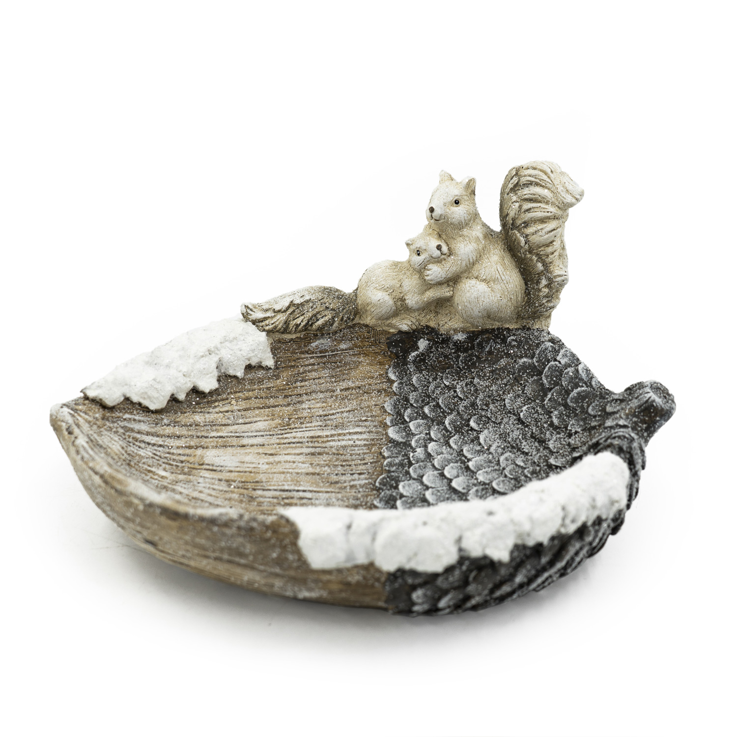 Gartenfigur 2 Eichhörnchen auf Kieferkegel - Schneeoptik - Kunststein - H: 18cm - braun