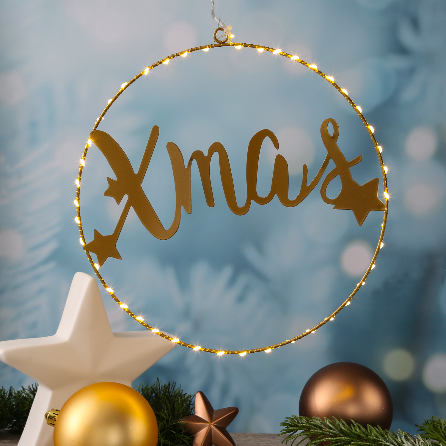 LED Lichtkranz XMAS - Dekoring - 44 warmweiße LED - D: 30cm - Batteriebetrieb - gold LED Lichtkranz XMAS - Dekoring - 44 warmweiße LED - D: 30cm - Batteriebetrieb - gold