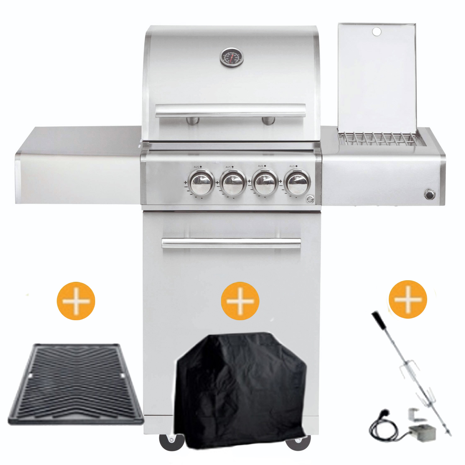 CHEF S Paket S1 - Basis silber 2 Brenner Backburner Seitenkocher GRATIS: Cover, Grillplatte, Spieß