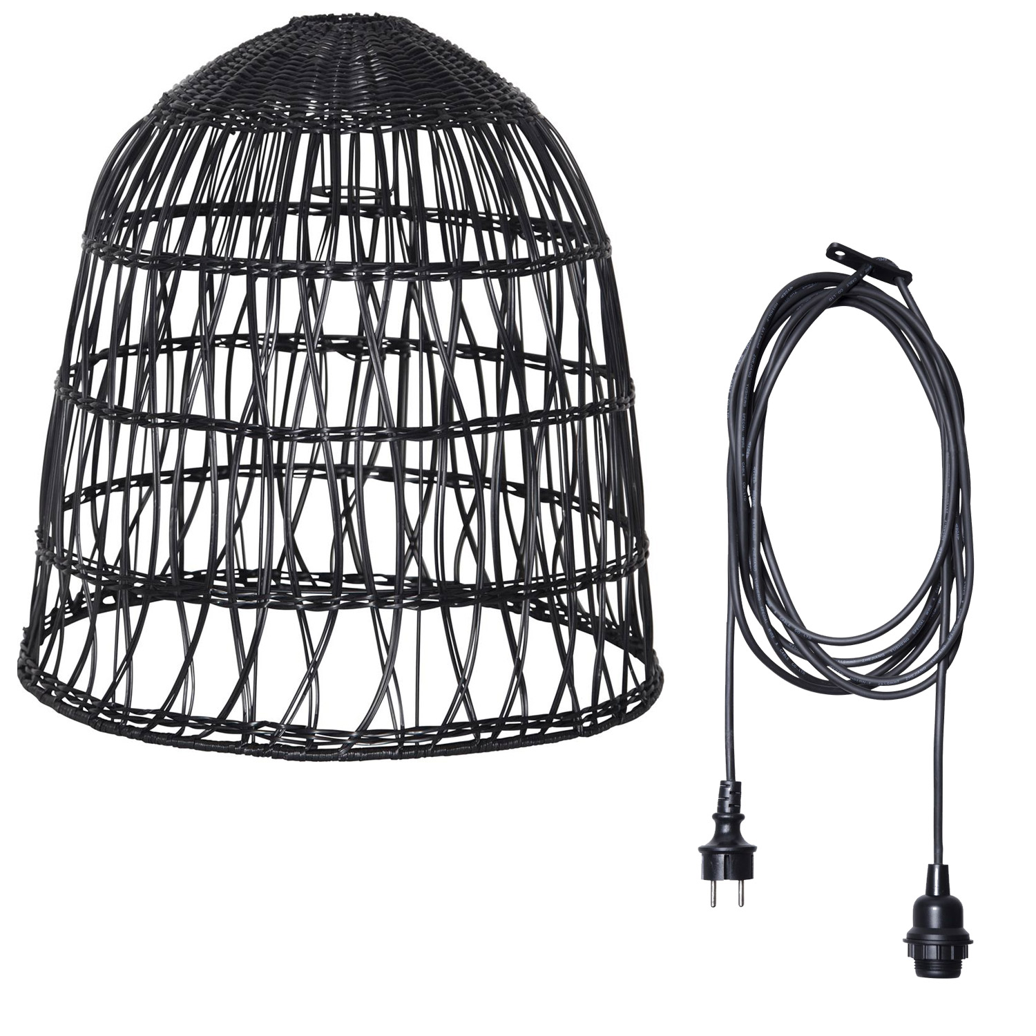 Lampenschirm BELL wetterfest - Rattan-Optik - mit E27 Kabelfassung - D: 48cm/H: 50cm - schwarz